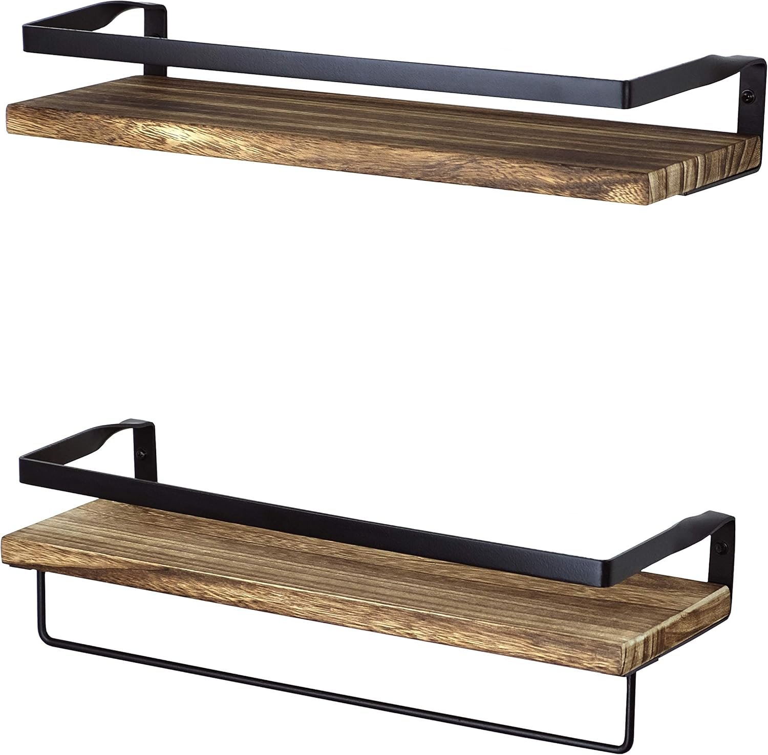 Peter's Goods Rustic Floating Wall Shelves with Rails - Decorative Storage for Kitchen, Bathroom, and Bedroom - Elegant, Modern Shelving - Torched Paulownia Wood, Matte Black Metal Frame - Set of 2 - Image 2