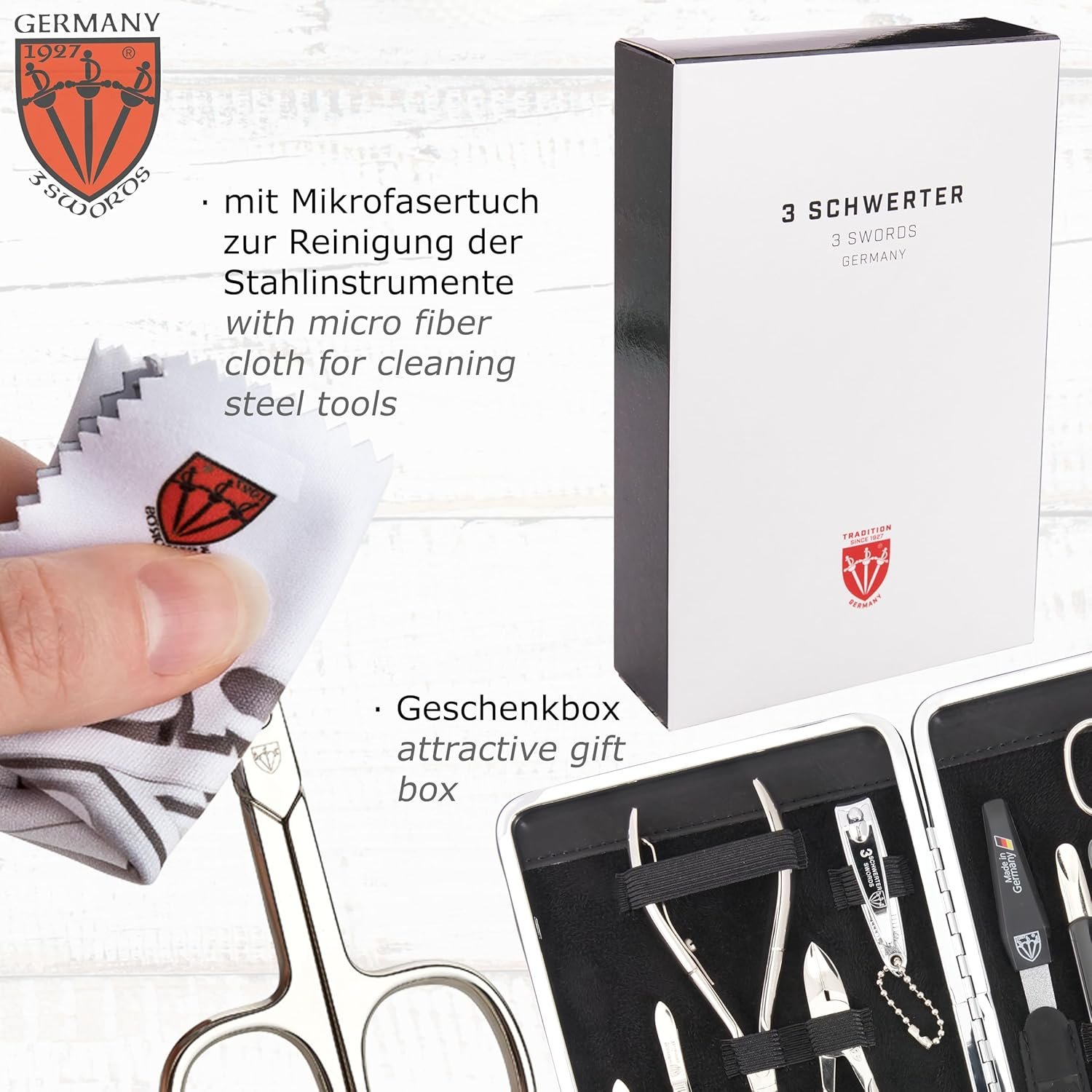 3 Swords Germany - brand quality 11 piece manicure pedicure grooming kit set for professional finger & toe nail care scissors clipper black genuine leather case in gift box, Made in Germany - Image 7