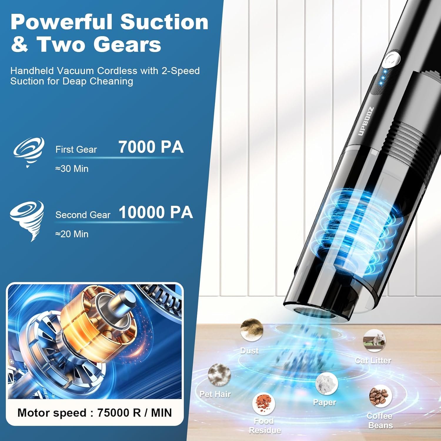 Handheld Vacuum Cordless, Portable Car Vacuum with 2-Speed, 10KPA Powerful Suction Vacuum Cleaner with Charging Dock, Lightweight 4-in-1 Mini Hand Held Vacuum for Car Home Pet Office and Pet Hair 115B - Image 4