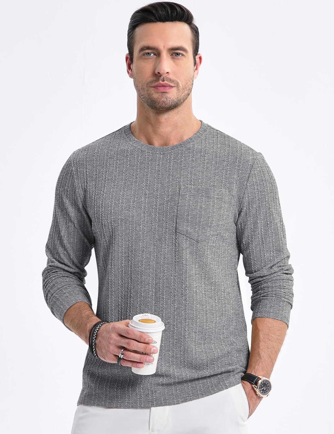 JMIERR Men's Long Sleeve Shirts Casual Crewneck Pullover T-Shirt Stretch Textured Knit Tee with Pocket - Image 3