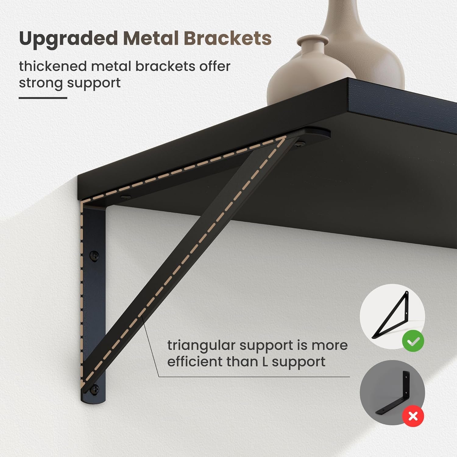 Marsmiles Black Floating Shelves for Wall, 12 Inch Deep Wood Wall Mounted Shelves Set of 2, 16W x 12D Wide Floating Wood Shelves for Bathroom Bedroom Kitchen Living Room, Black - Image 6