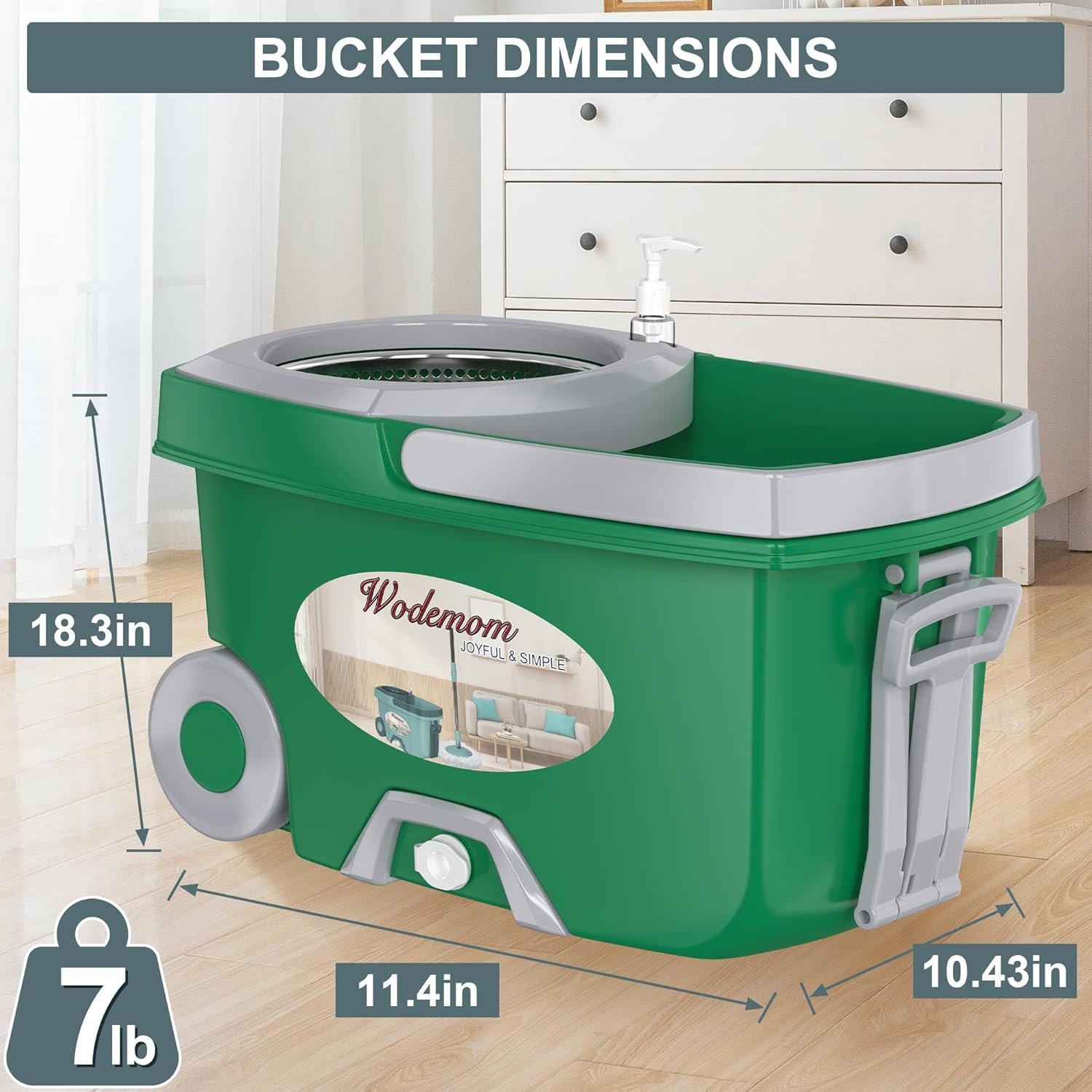 Dual Compartment Spin Mop and Bucket, Mop and Bucket with Wringer Set,360°Rotating Spinning Mopping for Floor Cleaning with 3 Microfiber Replacement Heads, 61" Extended Handle, 2X Wheel - Deep Green - Image 6