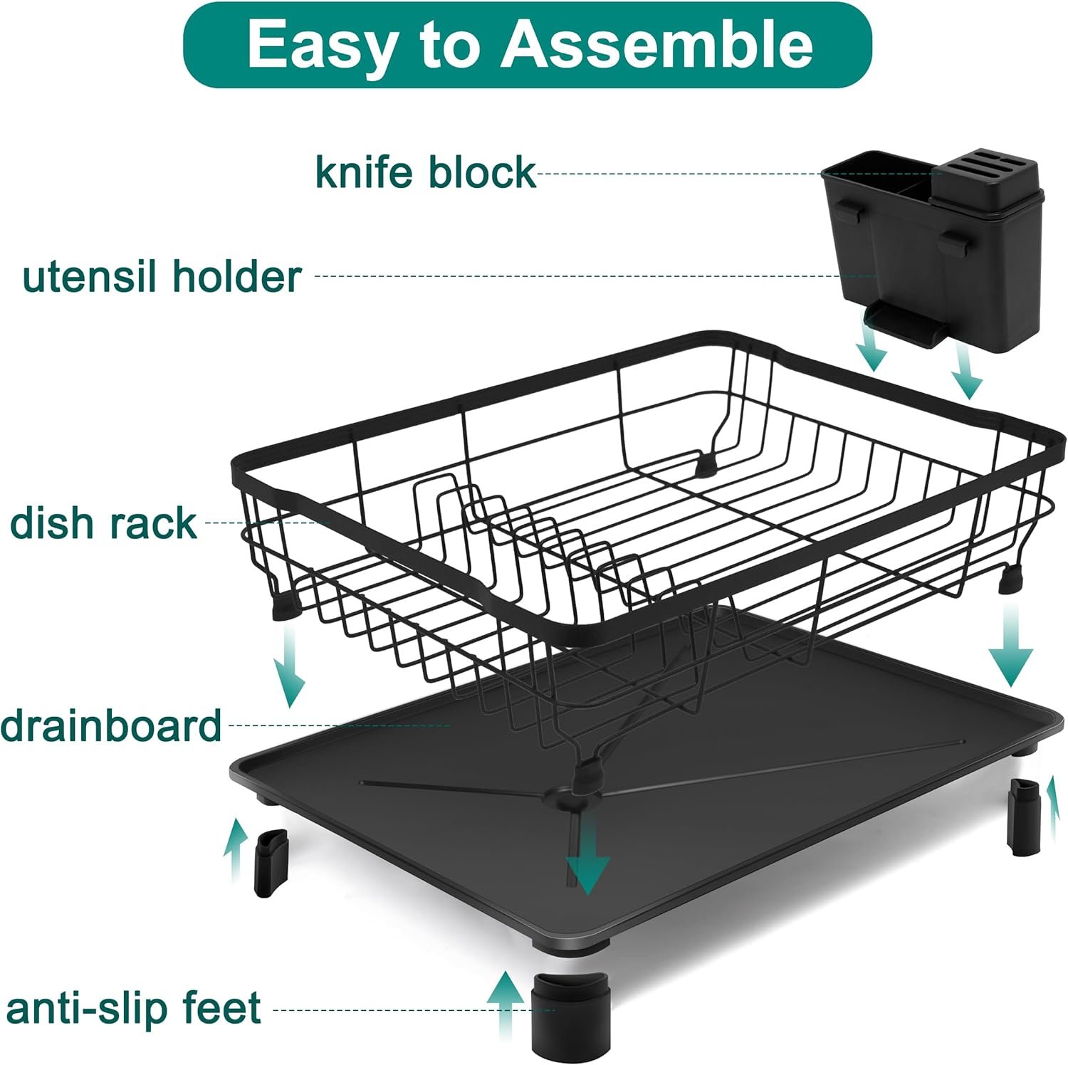 Dish Drying Rack for Kitchen Counter,Space-Saving Dish Rack with Drainboard,Rustproof Countertop Dish Drainer with Utensil Holder for Sink,Black - Image 7