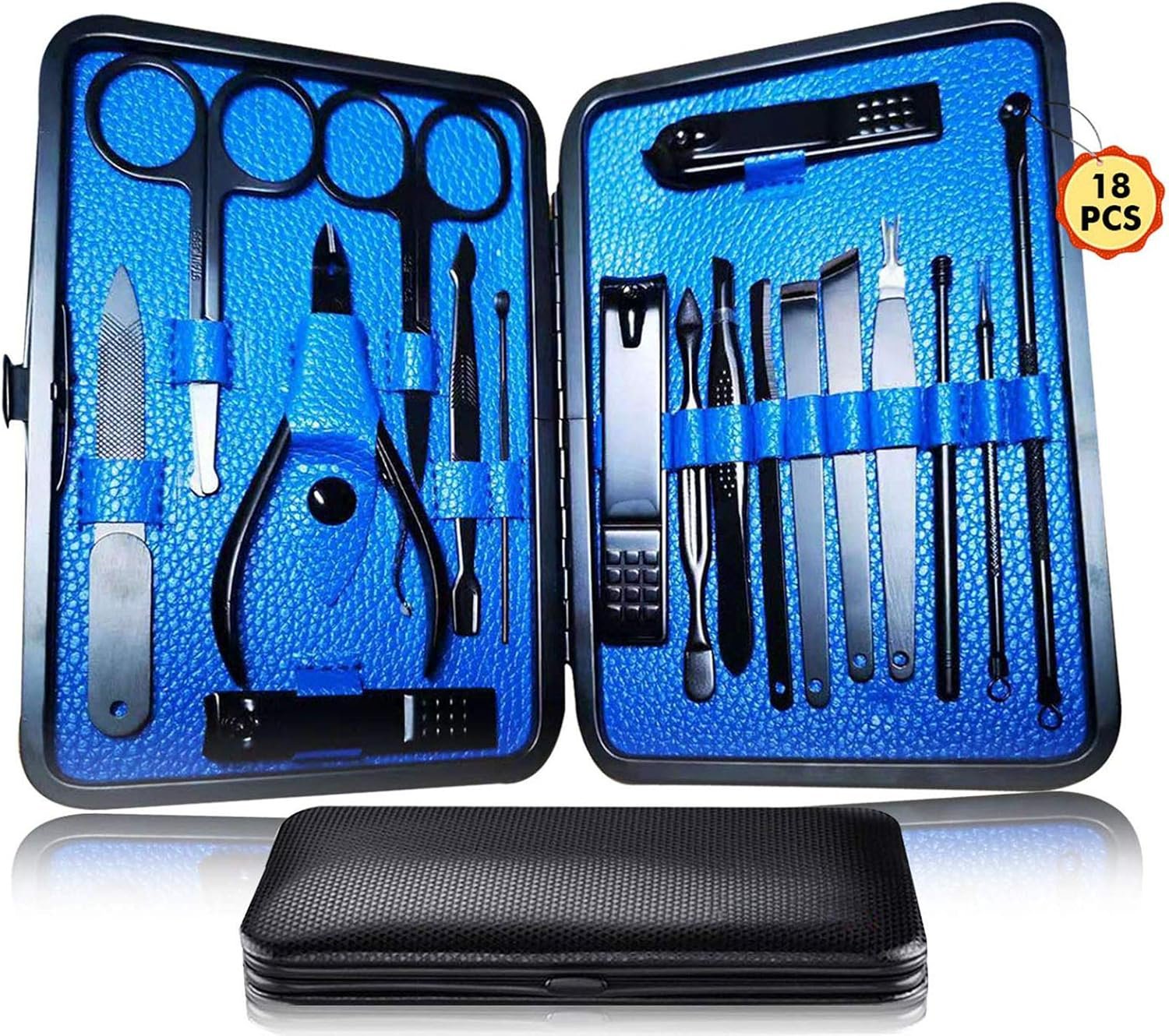 Manicure Pedicure Kit Nail Clippers Set 18 in 1 High Precision Stainless Steel Cutter File Sharp Scissors for Men & Women Fingernails & Toenails Vibrissac Scissors with Stylish Case (Blue_18in1) - Image 2
