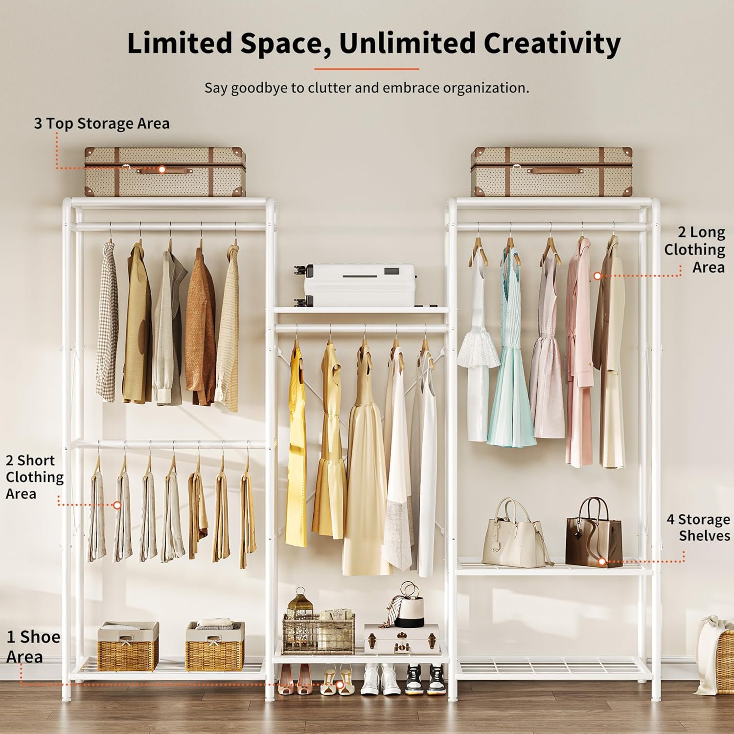 JOISCOPE Wardrobe Closet Organizer, Heavy Duty Clothes Rack, Closet System with 4 Rods & 5 Shelves, Adjustable Clothing Racks for Hanging Clothes & Clothing Storage, 75.2''×67.7'', White - Image 4