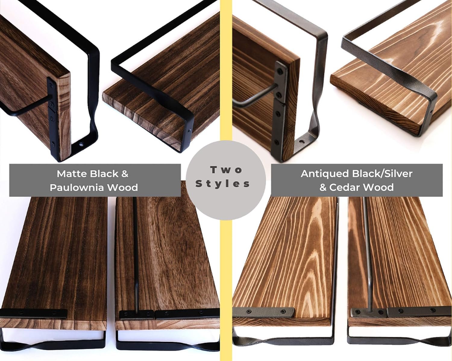 Peter's Goods Rustic Floating Wall Shelves with Rails - Decorative Storage for Kitchen, Bathroom, and Bedroom - Elegant, Modern Shelving - Torched Paulownia Wood, Matte Black Metal Frame - Set of 2 - Image 8