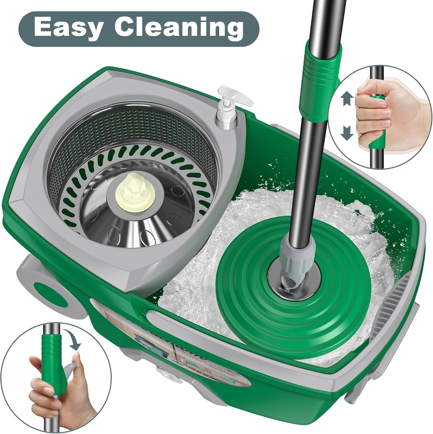 Dual Compartment Spin Mop and Bucket, Mop and Bucket with Wringer Set,360°Rotating Spinning Mopping for Floor Cleaning with 3 Microfiber Replacement Heads, 61" Extended Handle, 2X Wheel - Deep Green - Image 3