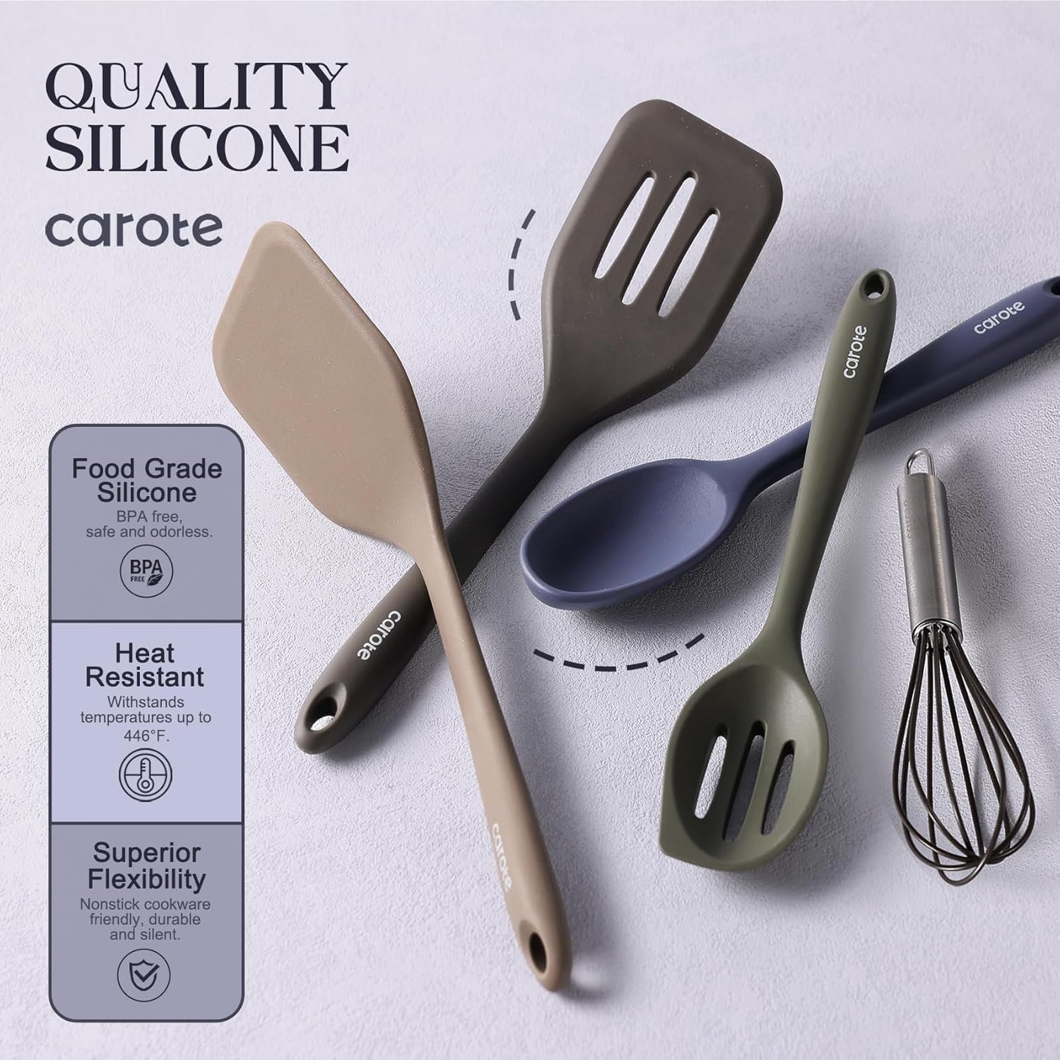 CAROTE Silicone Cooking Utensils Set, 26Pcs Kitchen Utensils Set for Non-Stick Cookware, Dishwasher Safe Kitchen Gadgets Tools, Heat Resistant Spatula Set - Image 9