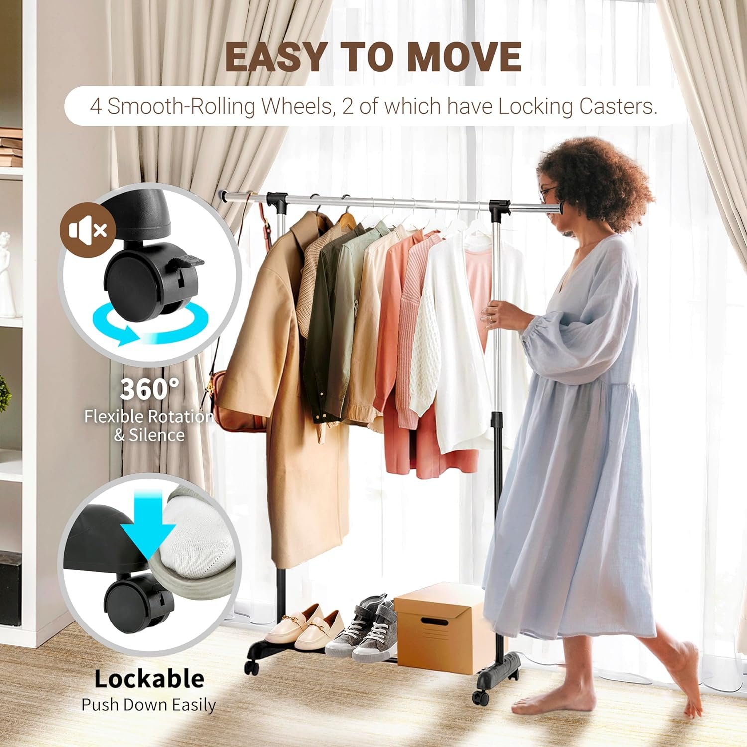 ikloo Clothing Rack with Wheels for Hanging Clothes | Extendable and Adjustable Garment Racks | Freestanding Rolling Closet Laundry Racks for Drying | Portable Clothes Organizer with Shelves | Chrome - Image 5