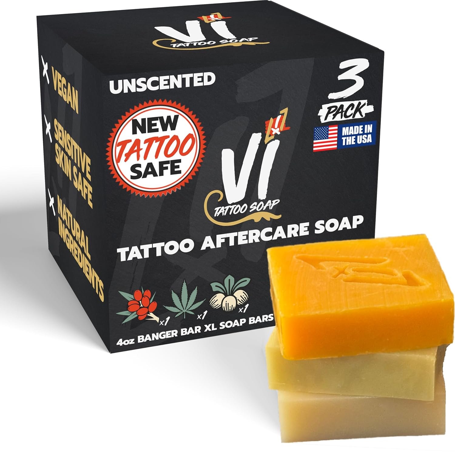 Tattoo Aftercare Soap Gentle Formula for Care, Cleansing and Healing of New Tattoos Unscented Natural Sea Buckthorn Hemp and Shea Butter Soap Bar For All Skin Types 4oz Bars 3 Pack - Image 2