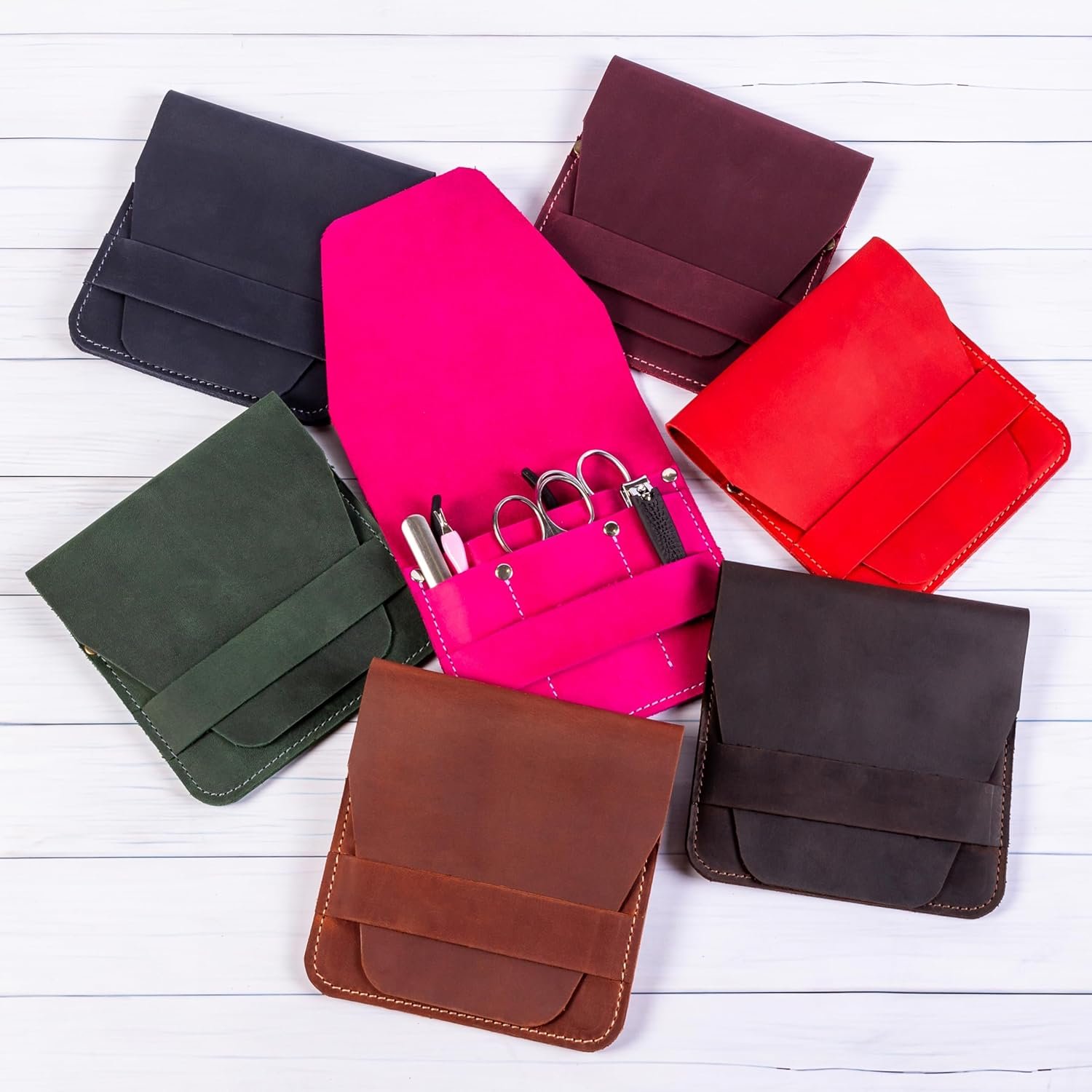 Leather Manicure Set Case Grooming Kit Organizer (Light Brown) - Image 4