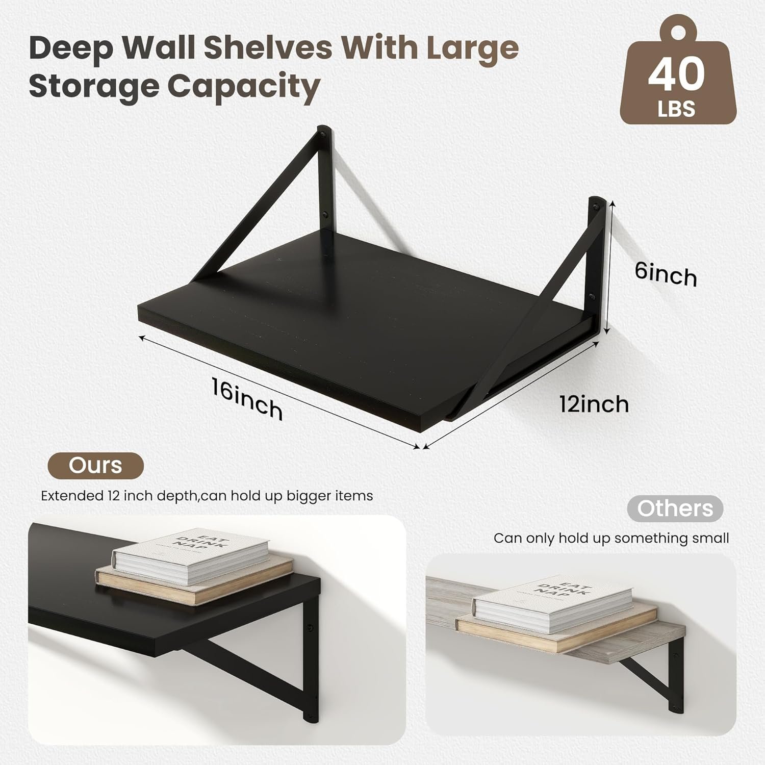 Marsmiles Black Floating Shelves for Wall, 12 Inch Deep Wood Wall Mounted Shelves Set of 2, 16W x 12D Wide Floating Wood Shelves for Bathroom Bedroom Kitchen Living Room, Black - Image 4