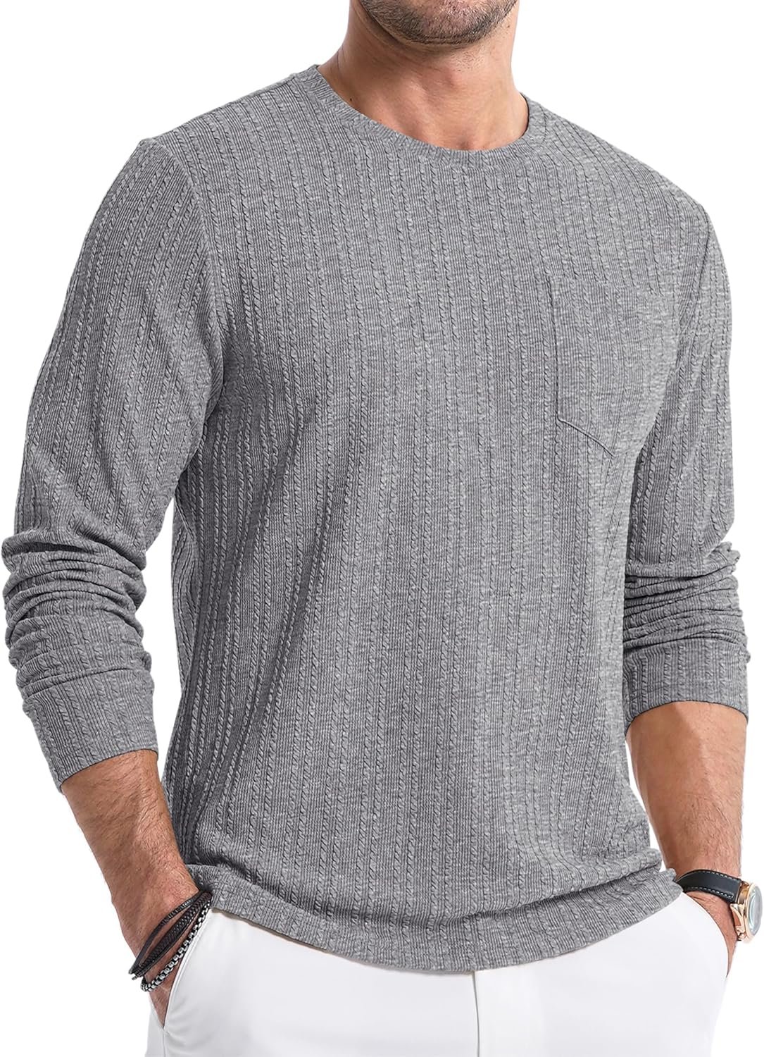 JMIERR Men's Long Sleeve Shirts Casual Crewneck Pullover T-Shirt Stretch Textured Knit Tee with Pocket - Image 2