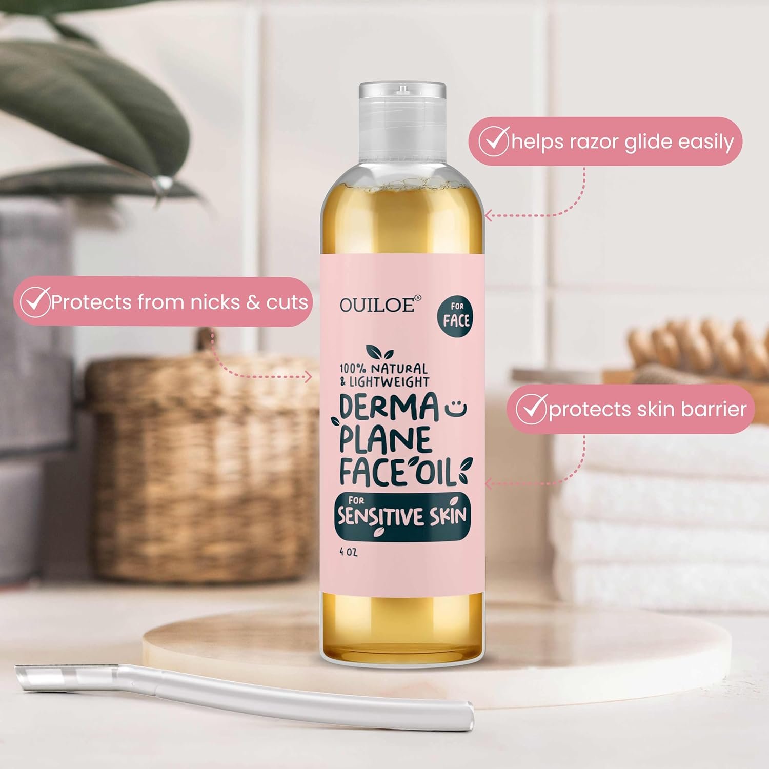 Dermaplane Oil for Women with Sensitive Skin - Face Shaving Oil - Non Comedogenic, Fragrance Free, Natural & Lightweight - Use with Dermaplane Razor for Women Face, 2oz by Ouiloe - Image 4