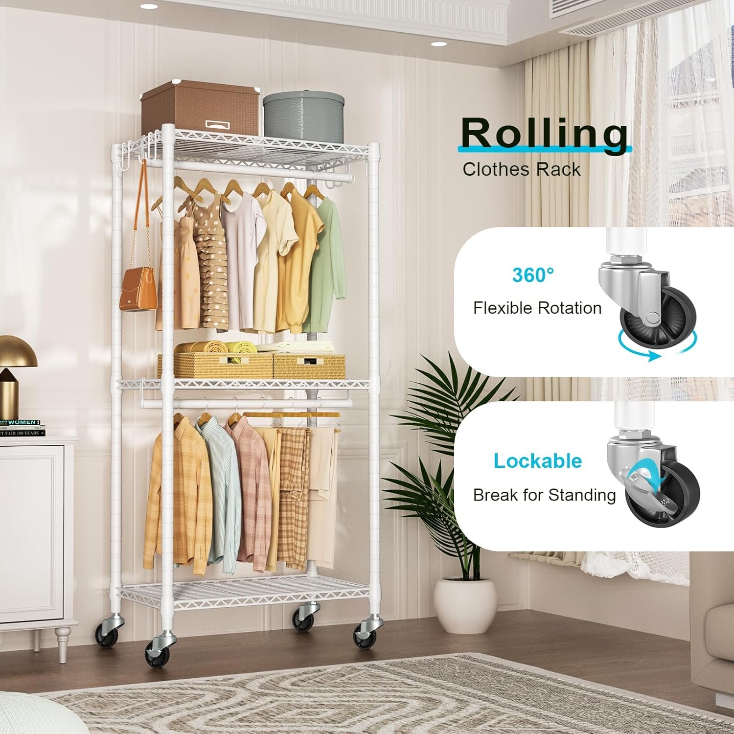 P3 Mini Rolling Clothes Rack, Clothing Racks for Hanging Clothes, Heavy Duty Garment Rack, Freestanding Portable Closet Rack 23.6'' W x 14'' D x 78.5'' H, Max Load 430 Lbs, White - Image 3