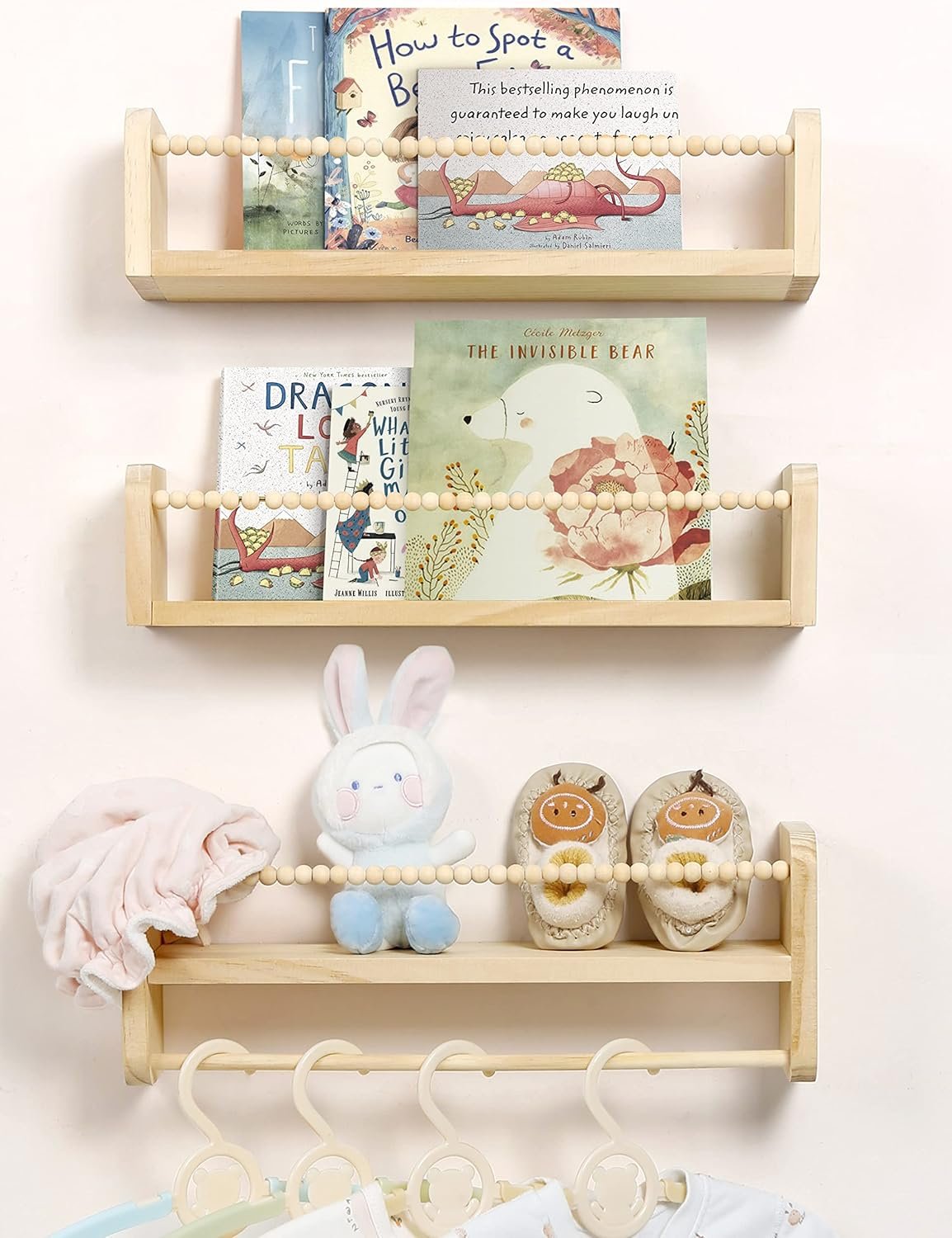 Nursery Floating Shelves for Wall, Set of 3 Book Shelves Natural Wood Wall Mounted Organizer with Towel Bar Hanging Bookshelves Nursery Decor for Kids Room, Bedroom and Kitchen - Image 2