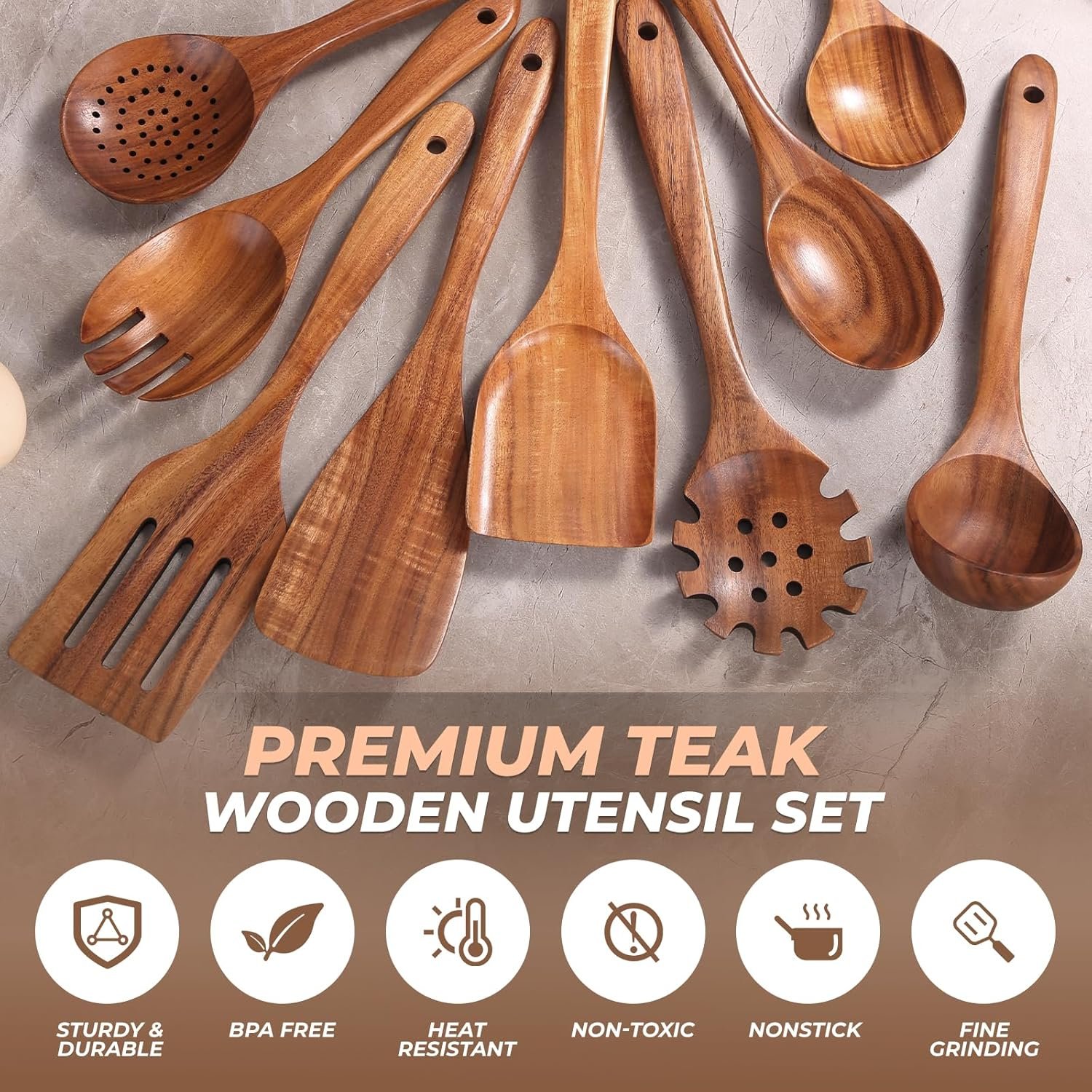 AIUHI Natural Teak Wood Kitchen Utensil Set, 9Pcs Wooden Spoons for Cooking, Cooking Utensils Set for Nonstick Cookware, Durable & Heat Resistant - Image 6