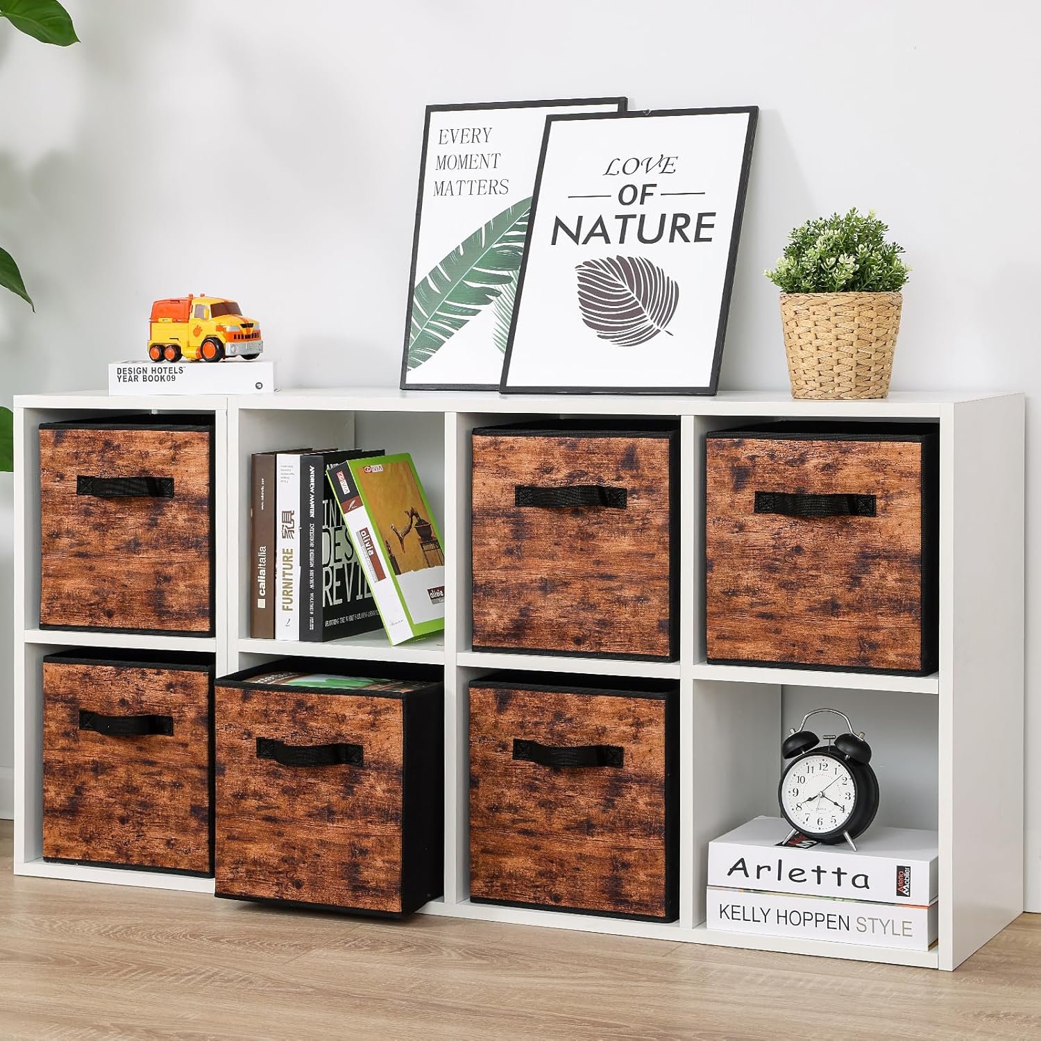 Stero Fabric Storage Cubes, 6 Pack Foldable Storage Bins with Handle, 11 Inch Box for Shelves, Closet, Organizer, Rustic Brown and Black - Image 6