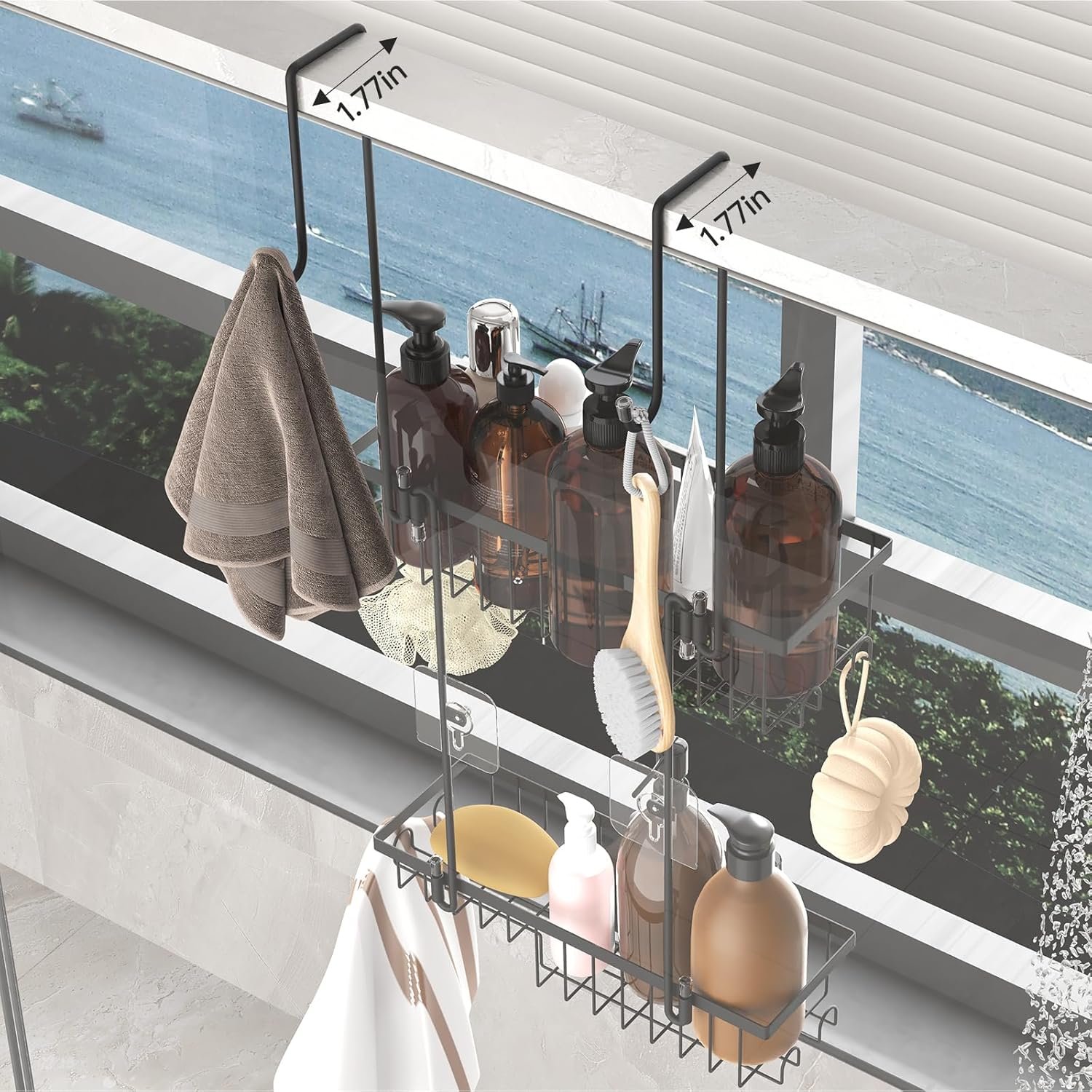 Fixwal Hanging Shower Caddy Over the Door with Soap Holder, No Drilling Adhesive Bathroom Storage Organizer Rack with 10 Hooks Hanging Shelf Basket Rustproof Waterproof Anti-Swing, 2 Tiers - Image 3