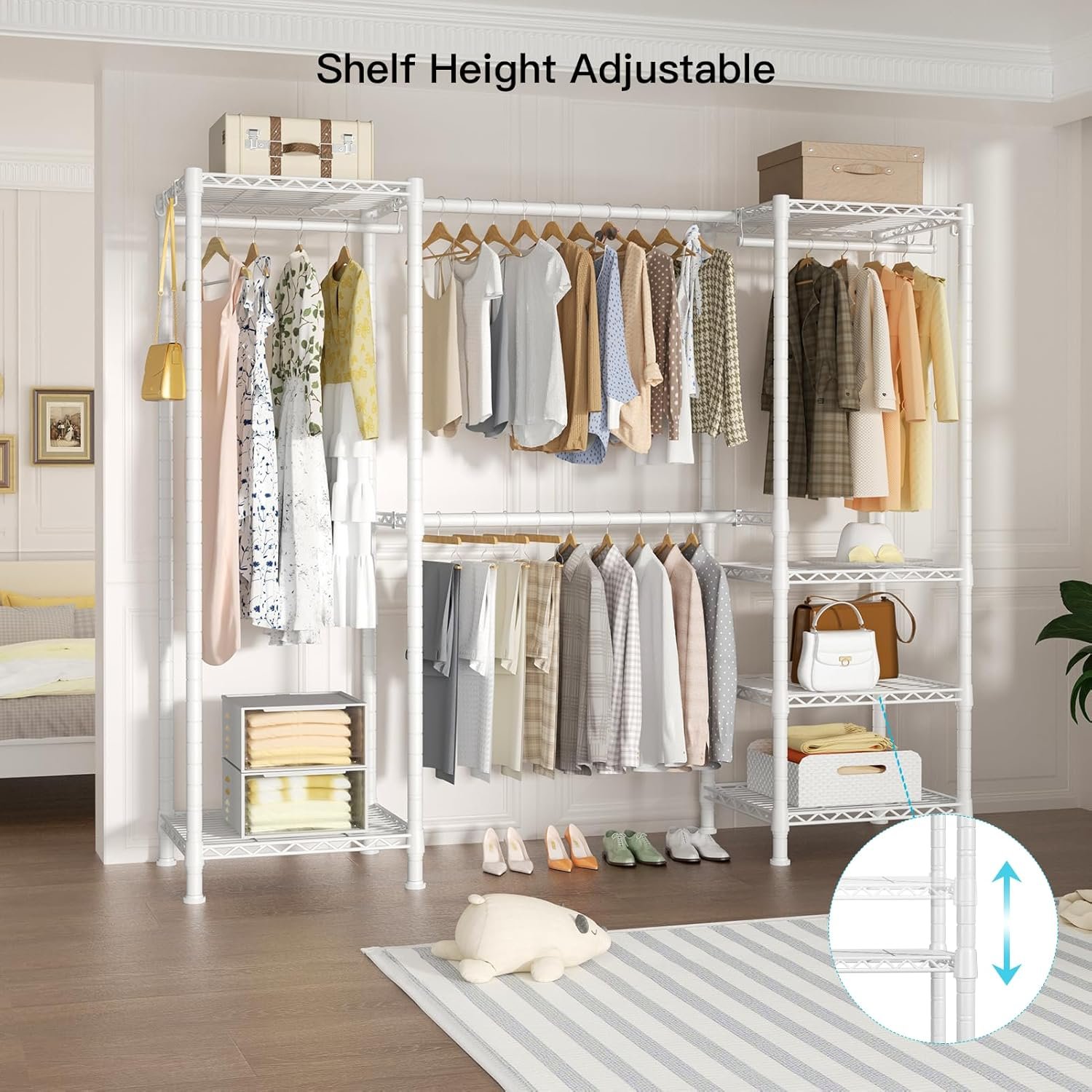 Ulif E7 Heavy Duty Garment Rack, Clothes Organizer and Storage Rack with Expandable Hangers, Metal Clothing Rack with 6 Wire Shelves, (52.3"-72") W x 14.5" D x 71.2" H, Load 838 LBS, White - Image 3