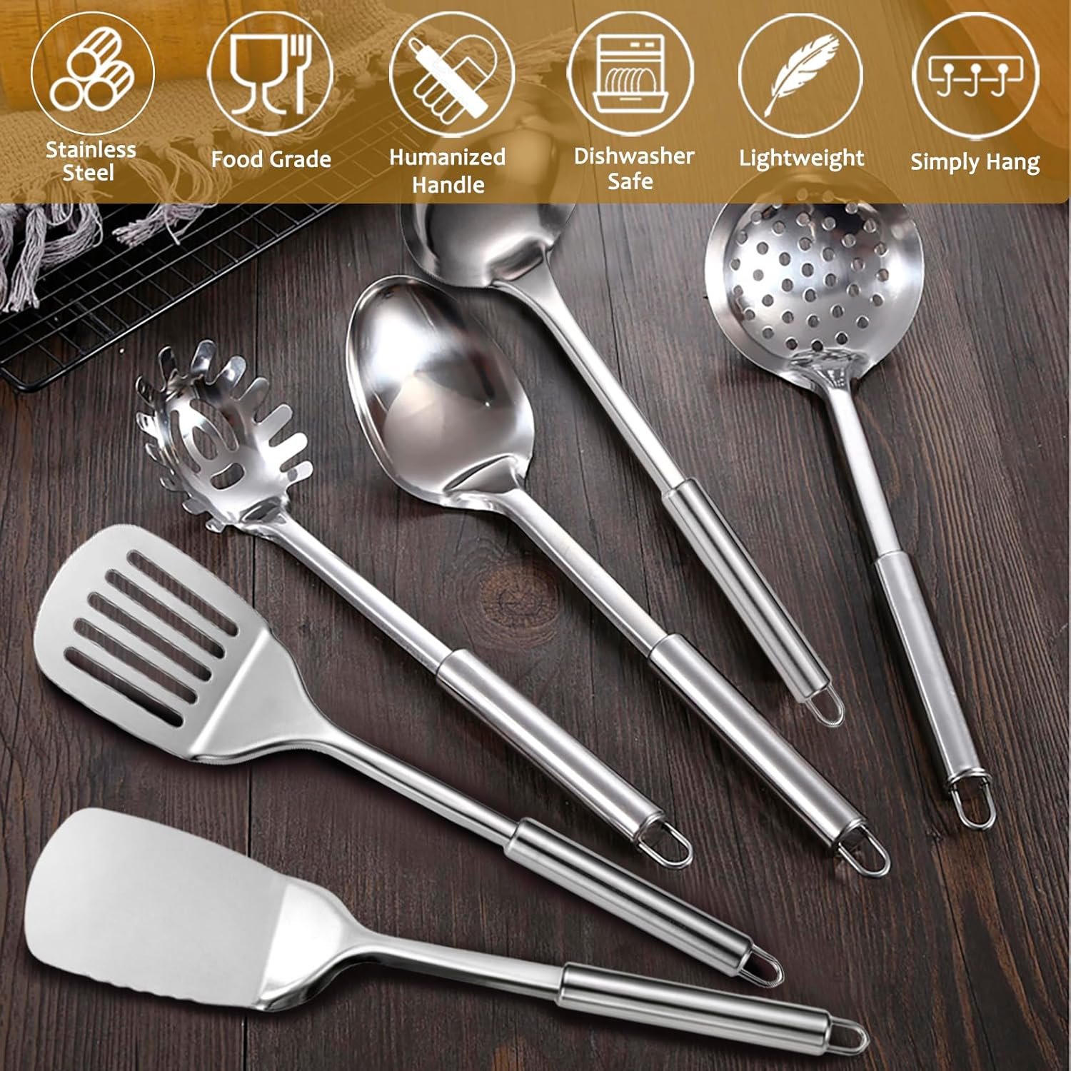 Stainless Steel Kitchen Utensils Set, 6 PCS Metal Cooking Utensils Set for Cooking, Heat Resistant Spatula Set Kitchen Tool Set with Turners, Serving Spoon, Ladle, Skimmer, Pasta Server - Image 3