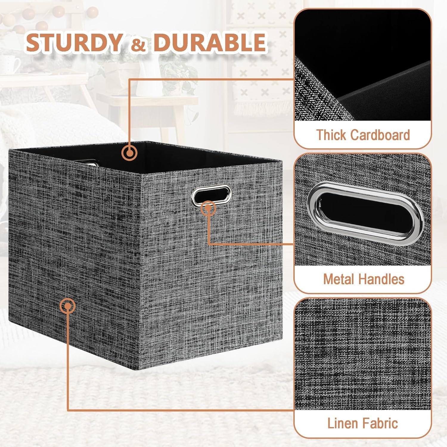 Posprica 13x15x13in Collapsible Storage Bins, Fabric Foldable Cube Storage Boxes, Decorative Storage Baskets Organizer for IKEA Kallax, Shelves, Closet, Clothes, Toy, Set of 4-Black - Image 6