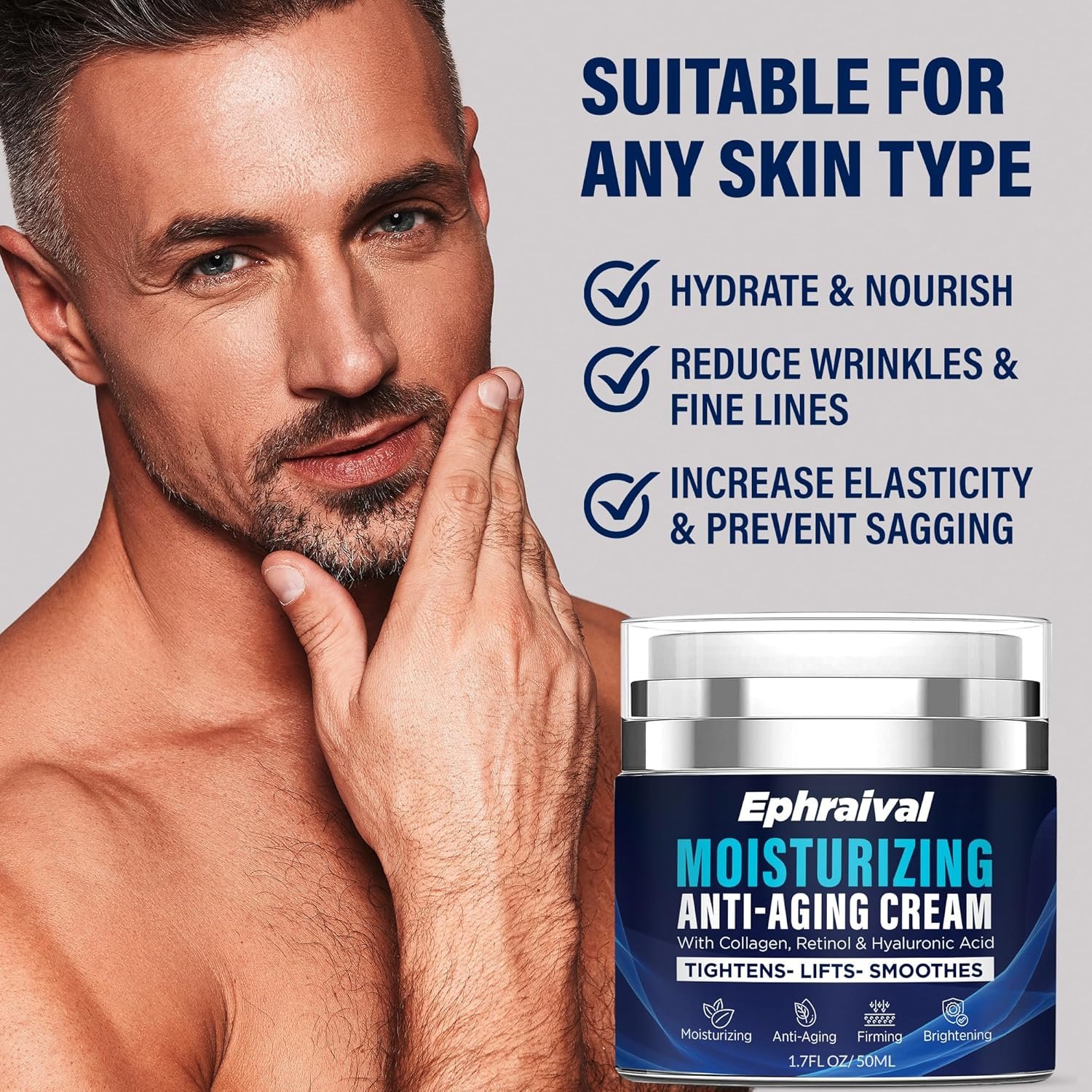 Retinol Anti-Aging Cream for Men: Moisturizing Face Cream with Hyaluronic Acid Vitamin E Peptides - Reduces Wrinkles Firms Skin Lightweight Formula 1.7 fl oz - Image 6
