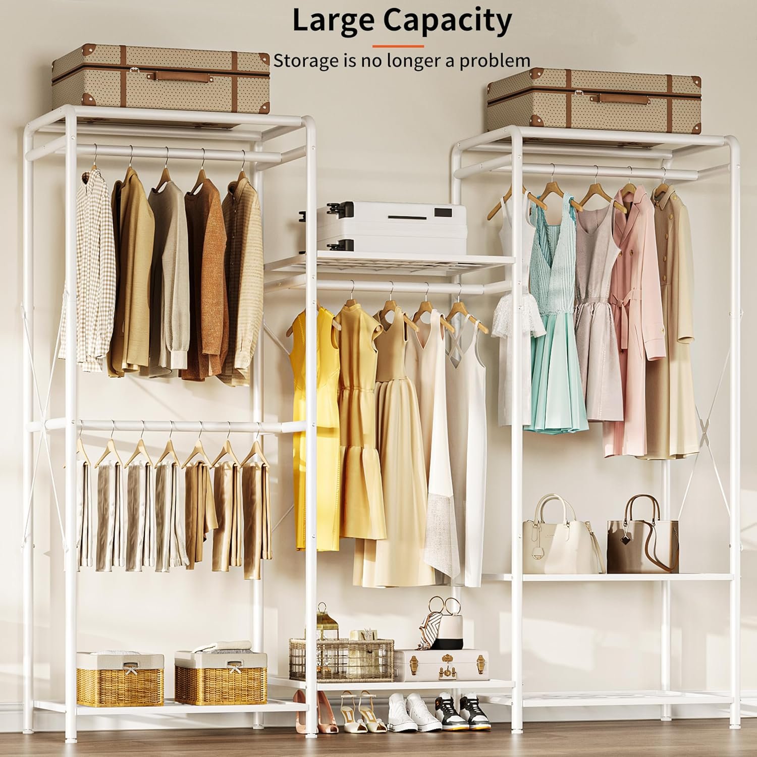 JOISCOPE Wardrobe Closet Organizer, Heavy Duty Clothes Rack, Closet System with 4 Rods & 5 Shelves, Adjustable Clothing Racks for Hanging Clothes & Clothing Storage, 75.2''×67.7'', White - Image 3