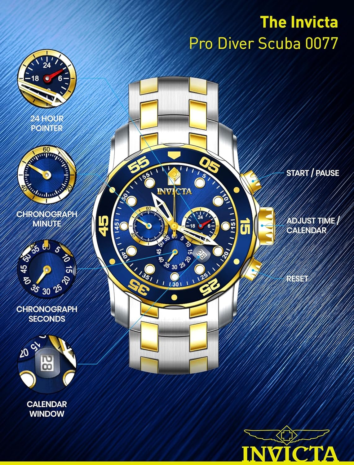 Invicta Men's Pro Diver Scuba 48mm Two Tone Stainless Steel Chronograph Quartz Watch, TT/Blue (Model: 0077) - Image 6