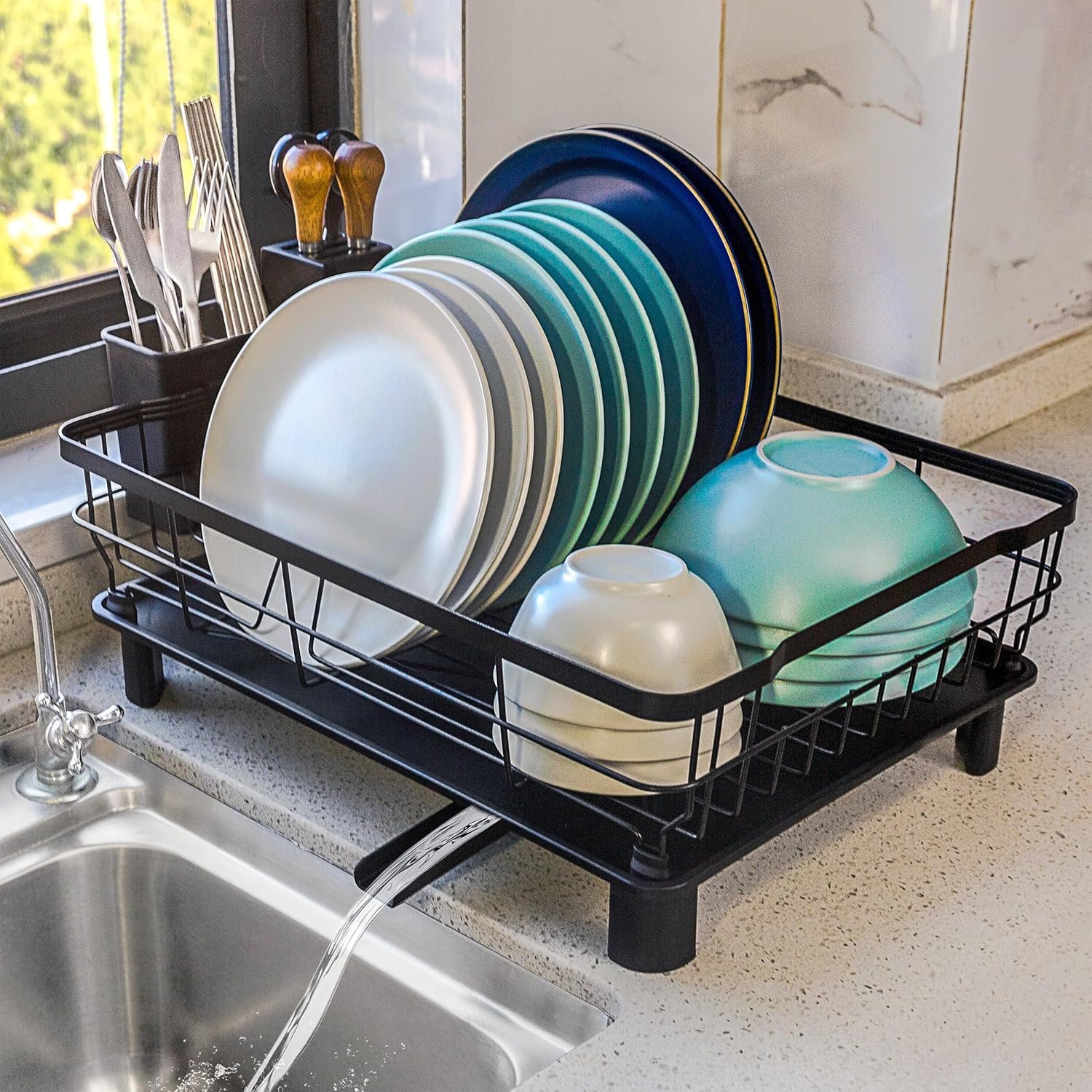 Dish Drying Rack for Kitchen Counter,Space-Saving Dish Rack with Drainboard,Rustproof Countertop Dish Drainer with Utensil Holder for Sink,Black - Image 2