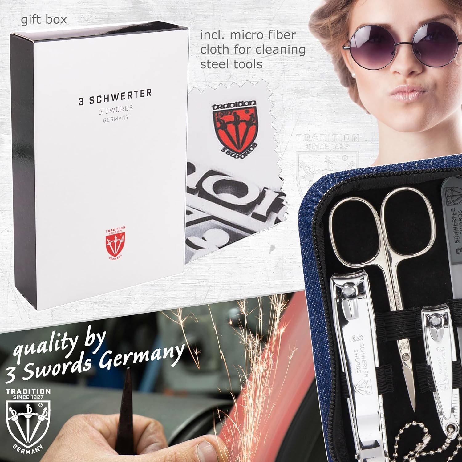 3 Swords Germany - brand quality 8 piece manicure pedicure grooming kit set textil case jeans blue - Made in Germany - Image 7