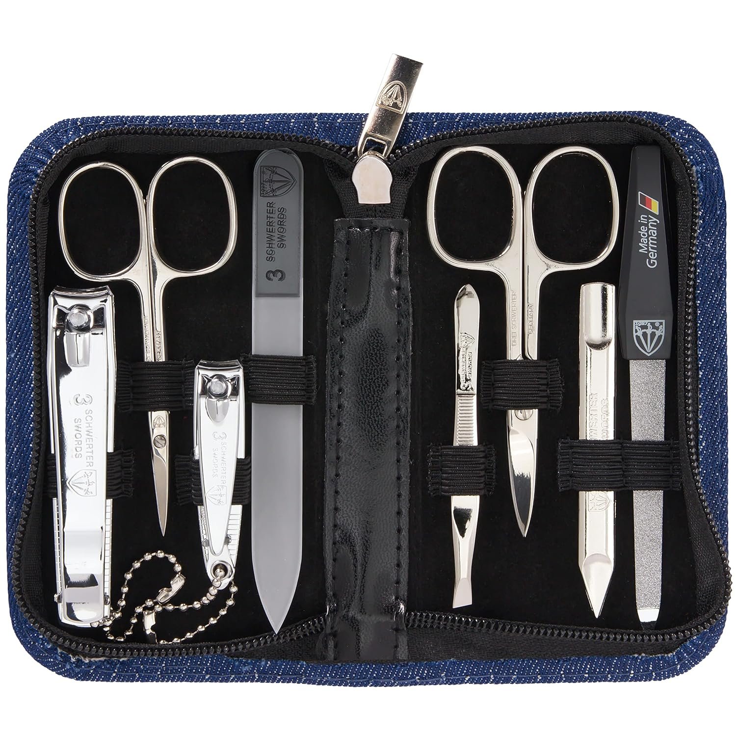 3 Swords Germany - brand quality 8 piece manicure pedicure grooming kit set textil case jeans blue - Made in Germany - Image 2