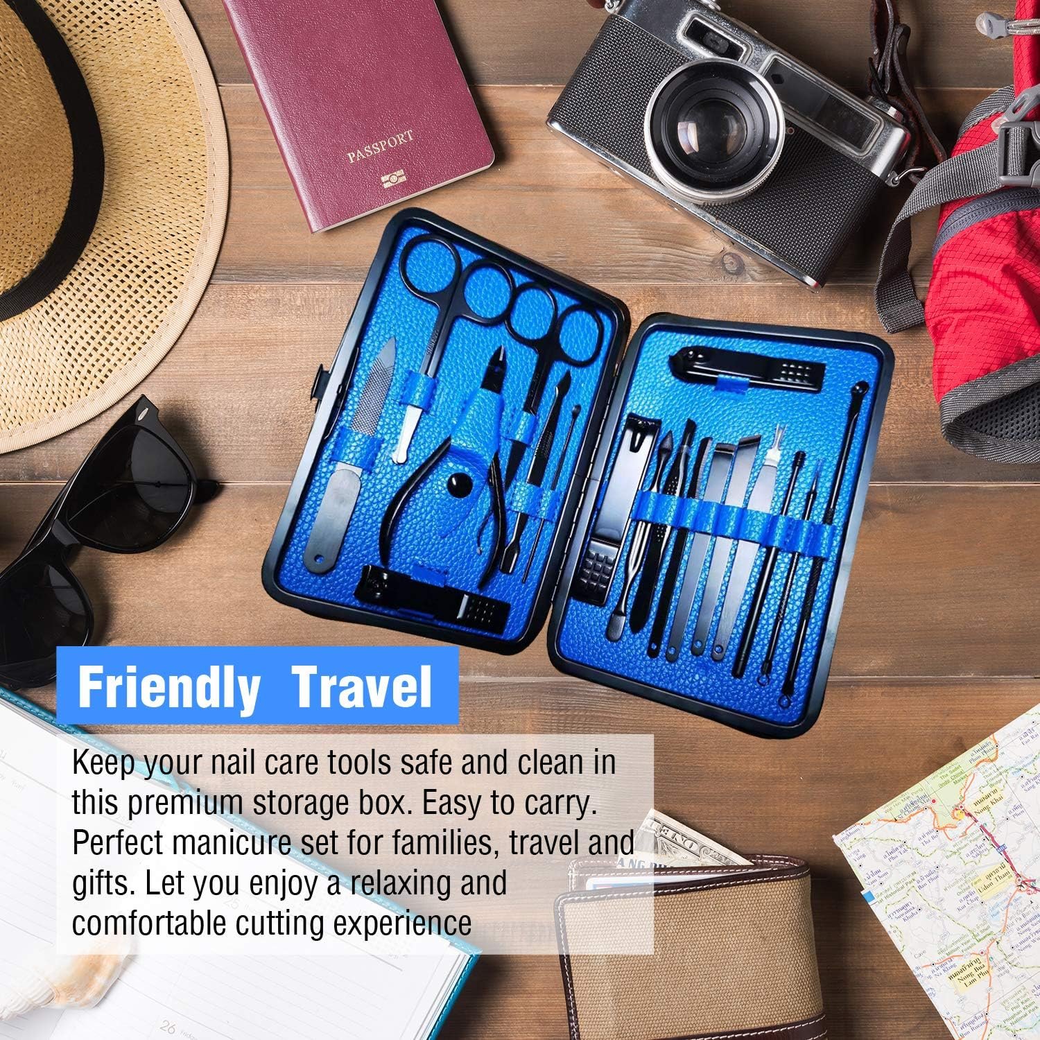 Manicure Pedicure Kit Nail Clippers Set 18 in 1 High Precision Stainless Steel Cutter File Sharp Scissors for Men & Women Fingernails & Toenails Vibrissac Scissors with Stylish Case (Blue_18in1) - Image 7