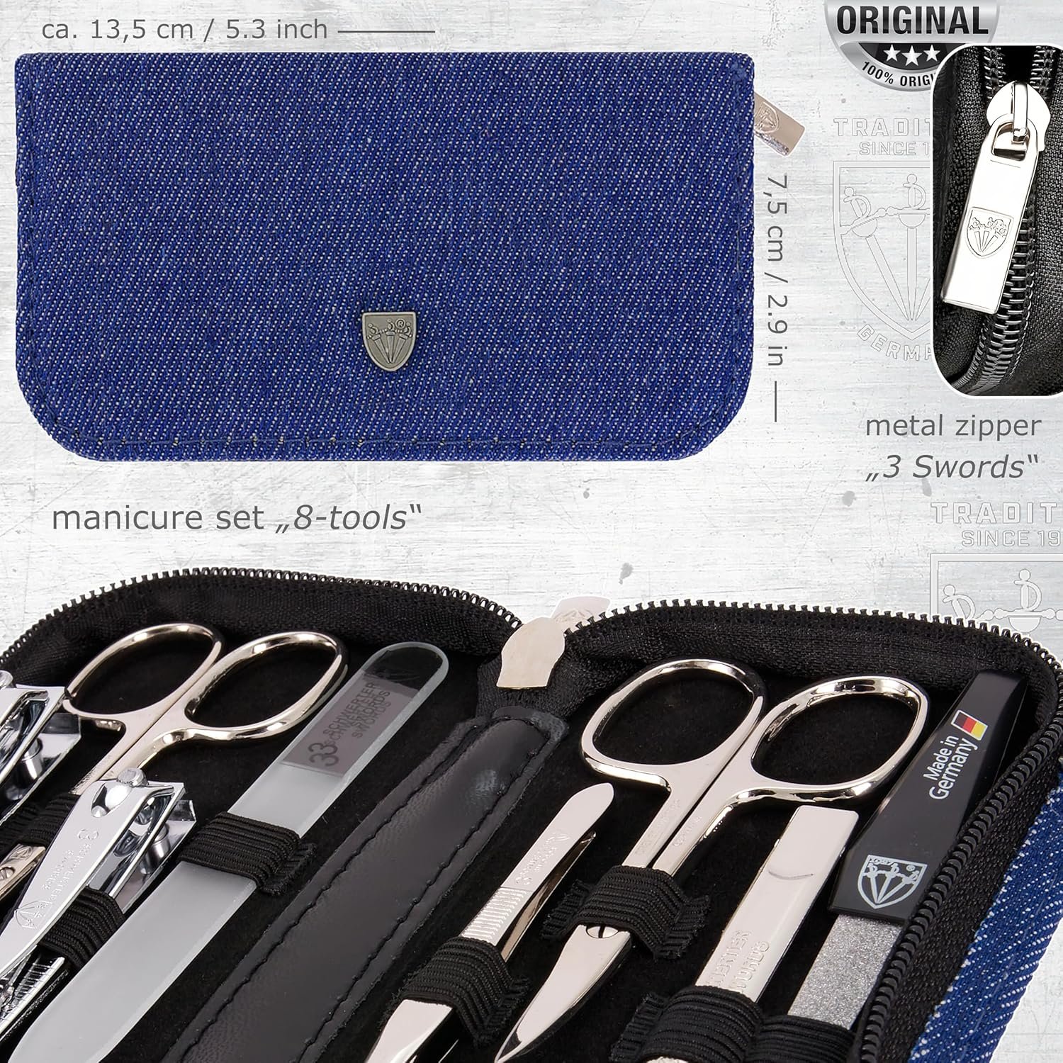 3 Swords Germany - brand quality 8 piece manicure pedicure grooming kit set textil case jeans blue - Made in Germany - Image 6