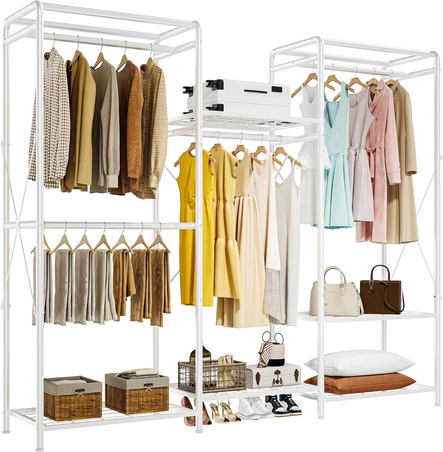 JOISCOPE Wardrobe Closet Organizer, Heavy Duty Clothes Rack, Closet System with 4 Rods & 5 Shelves, Adjustable Clothing Racks for Hanging Clothes & Clothing Storage, 75.2''×67.7'', White - Image 2
