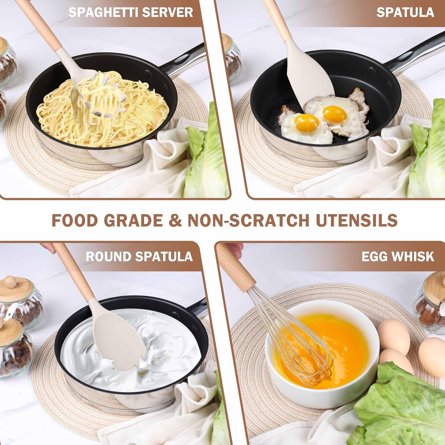 Herogo 8 Pcs Kitchen Cooking Utensils Set, Heat Resistant Non-Stick Silicone Cooking Kitchen Utensils Set with Wooden Handle, Food-Grade Silicone Spatula Spoon Turner Server Whisk Ladle (Khaki) - Image 5