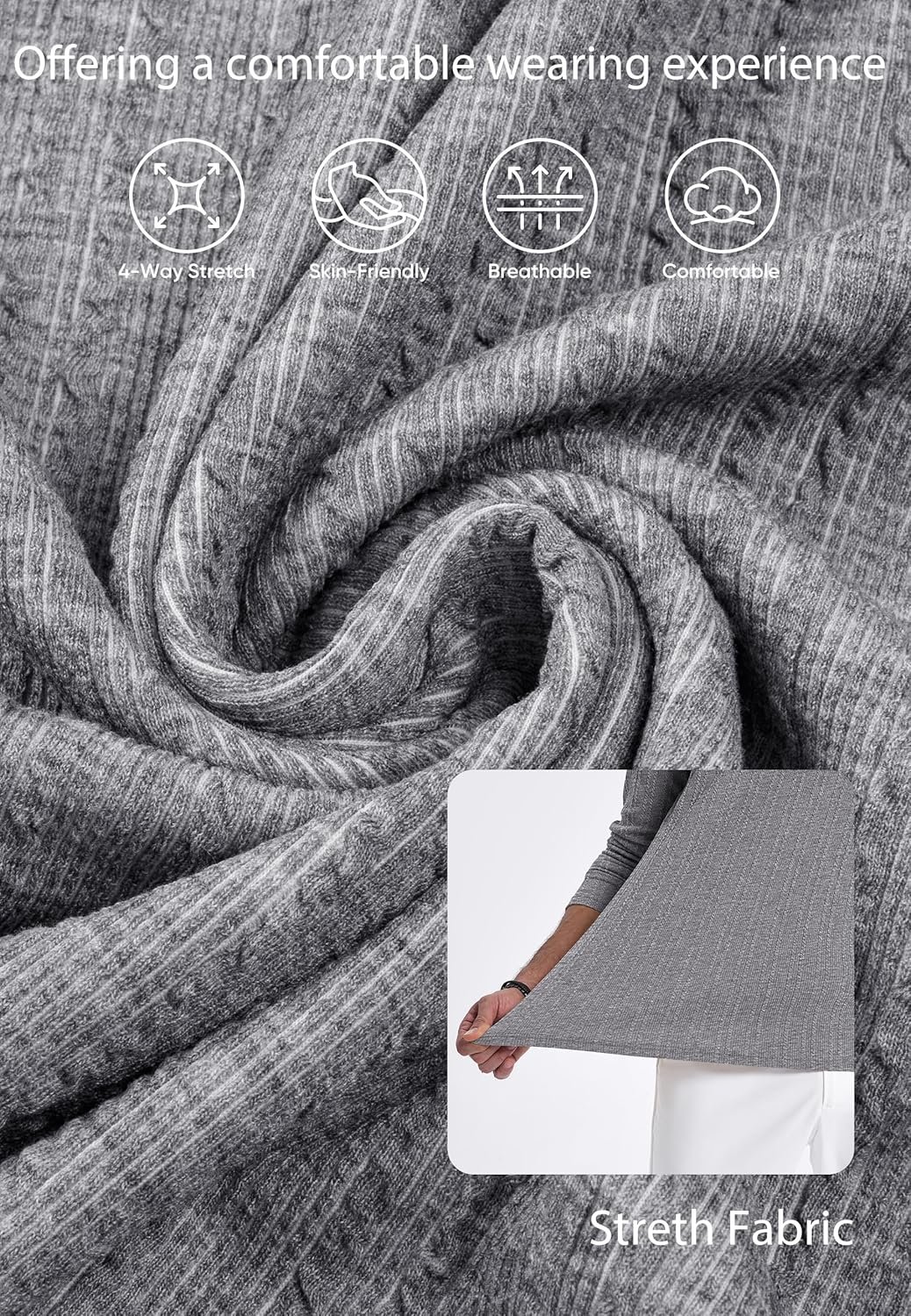 JMIERR Men's Long Sleeve Shirts Casual Crewneck Pullover T-Shirt Stretch Textured Knit Tee with Pocket - Image 6