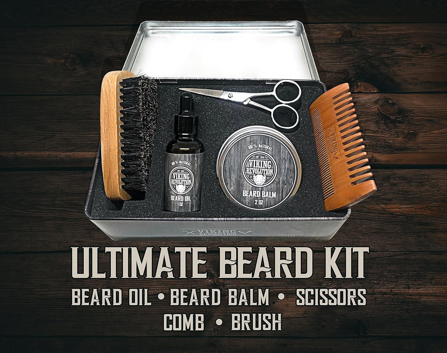 Viking Revolution Beard Care Kit for Men - Kit includes 100% Boar Beard Brush, Wooden Comb, Beard Balm, Beard Oil, Beard & Mustache Scissors in a Metal Box - Image 3