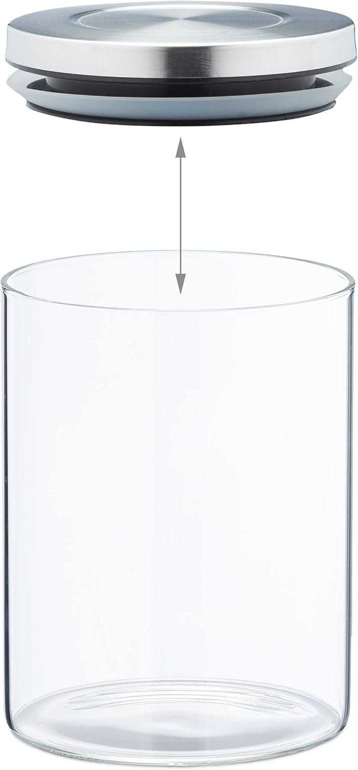 Storage Jars in Set of 6, in 3 Sizes, Stainless Steel Airtight Lids, Store Dry Food, Glass, Transparent/Silver, 18 x 10 cm - Image 7