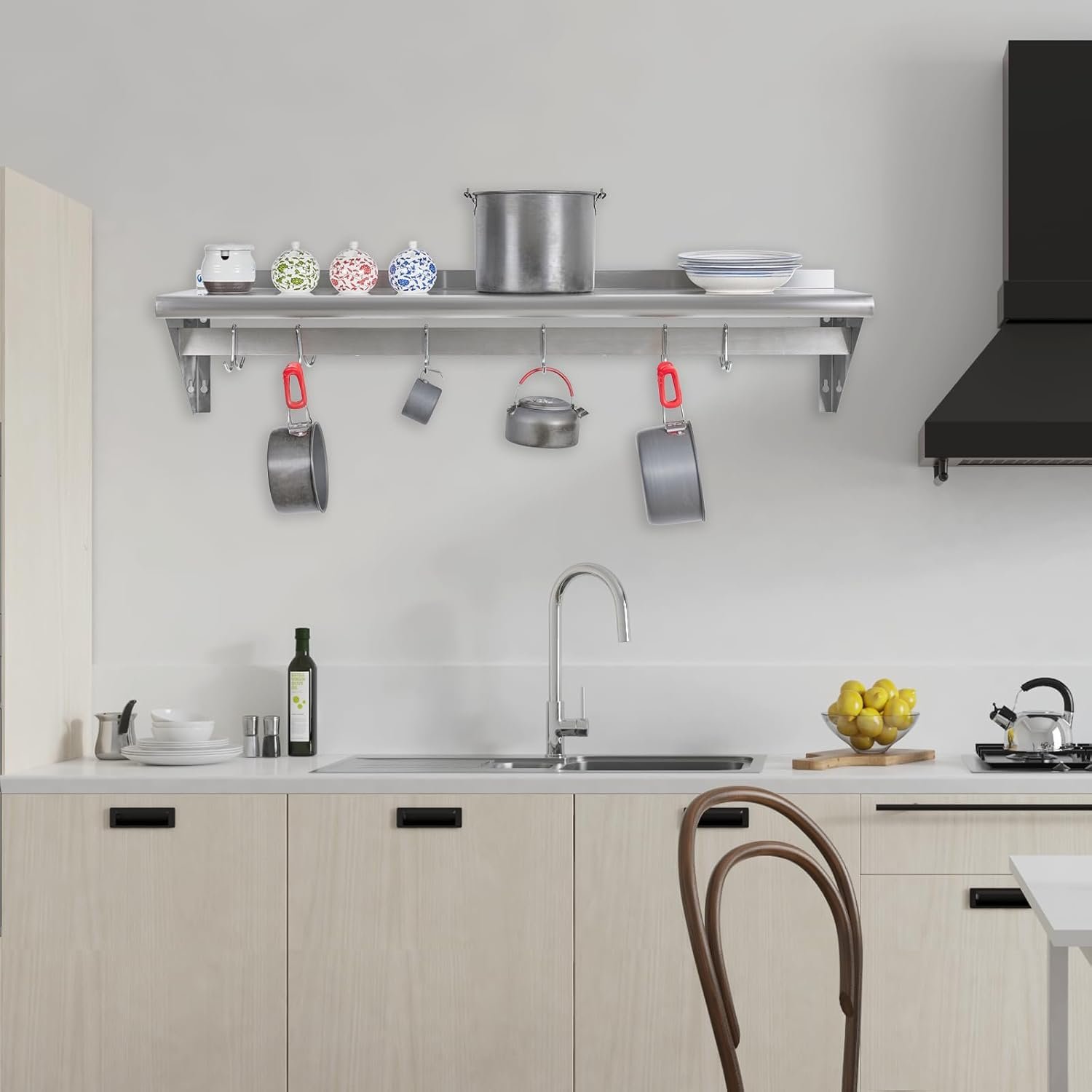 HALLY Stainless Steel Shelf with 4 Hooks 14" x 24" Wall Mounted Pot Rack 250lb, NSF Commercial Floating Shelving for Storage Hanging Pots, Pans, cookware in Restaurant, Kitchen, Home and Hotel - Image 8