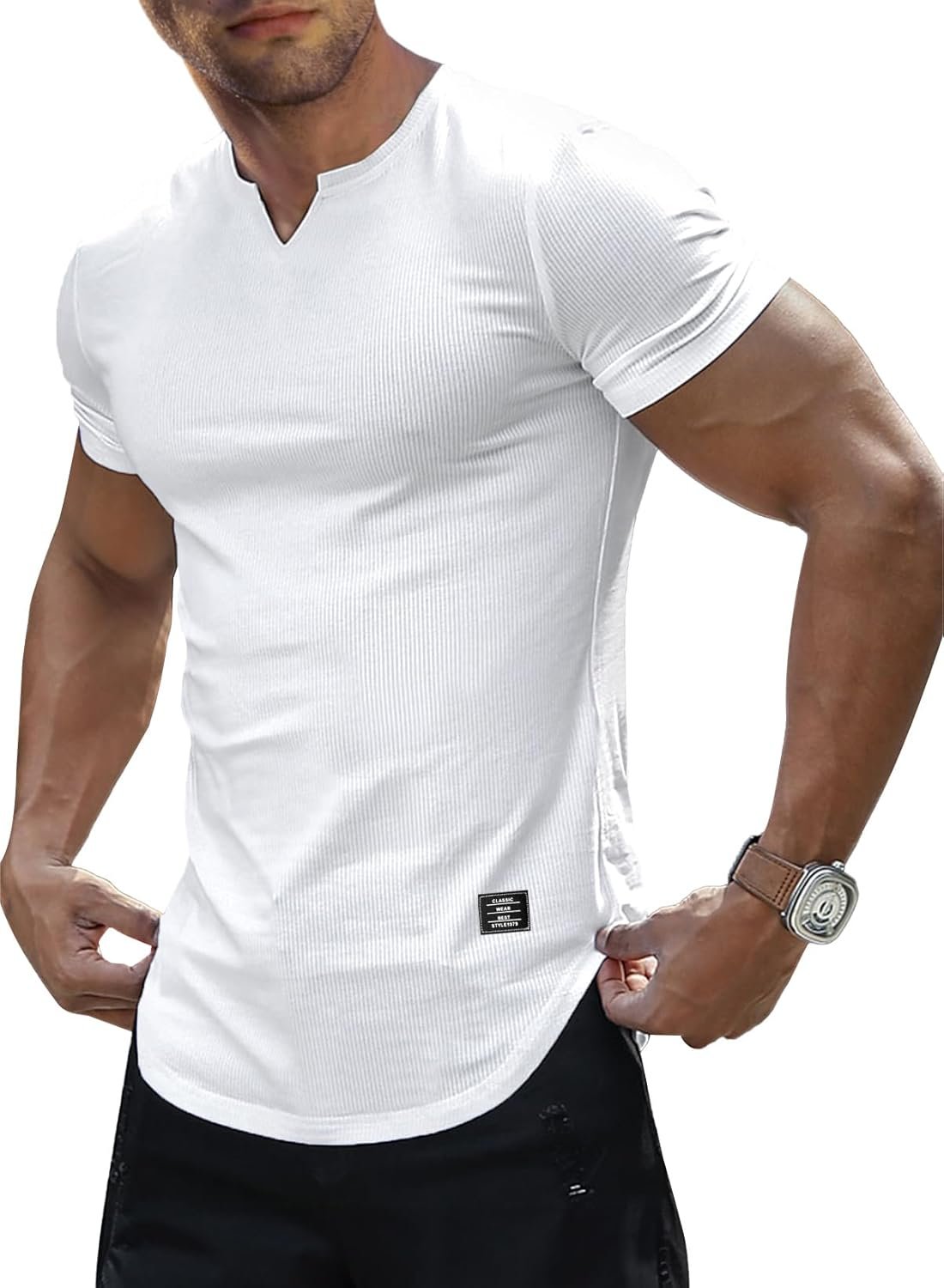 JMIERR Mens Muscle Slim T Shirt V-Neck Longline Henley Shirt Gym Workout Athletic Tee Shirts - Image 2