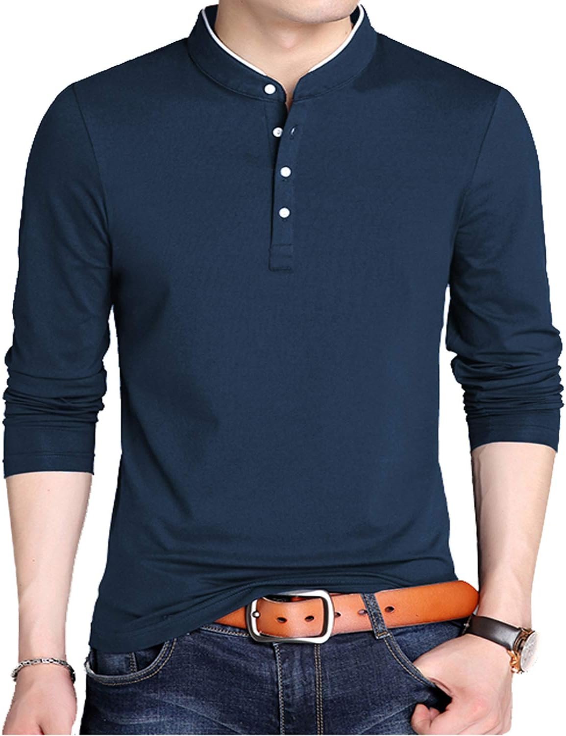 KUYIGO Men Casual Long Sleeve Polo Shirts Mandarin Collared Slim Fit Fashion Cotton Tops - Image 4