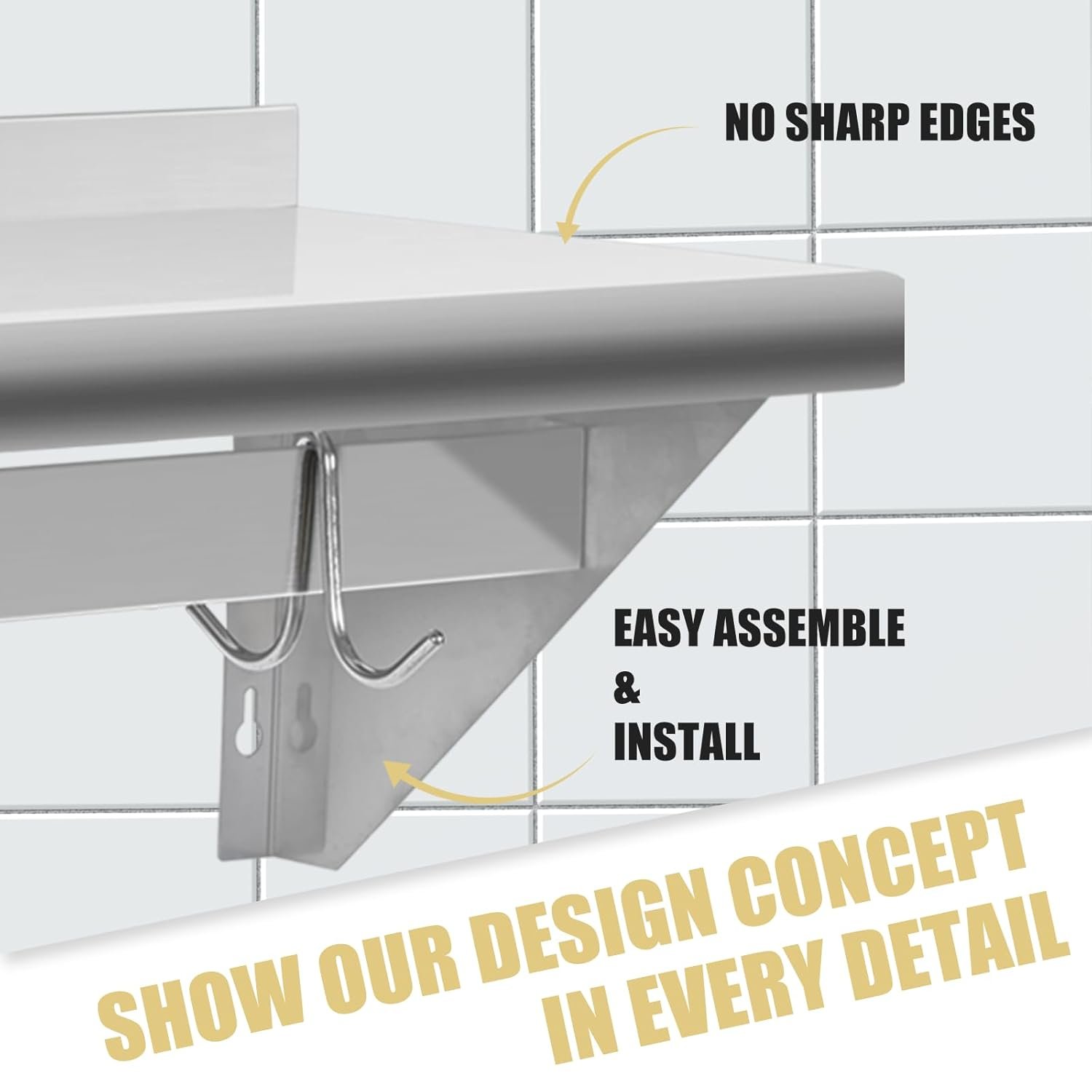 HALLY Stainless Steel Shelf with 4 Hooks 14" x 24" Wall Mounted Pot Rack 250lb, NSF Commercial Floating Shelving for Storage Hanging Pots, Pans, cookware in Restaurant, Kitchen, Home and Hotel - Image 7