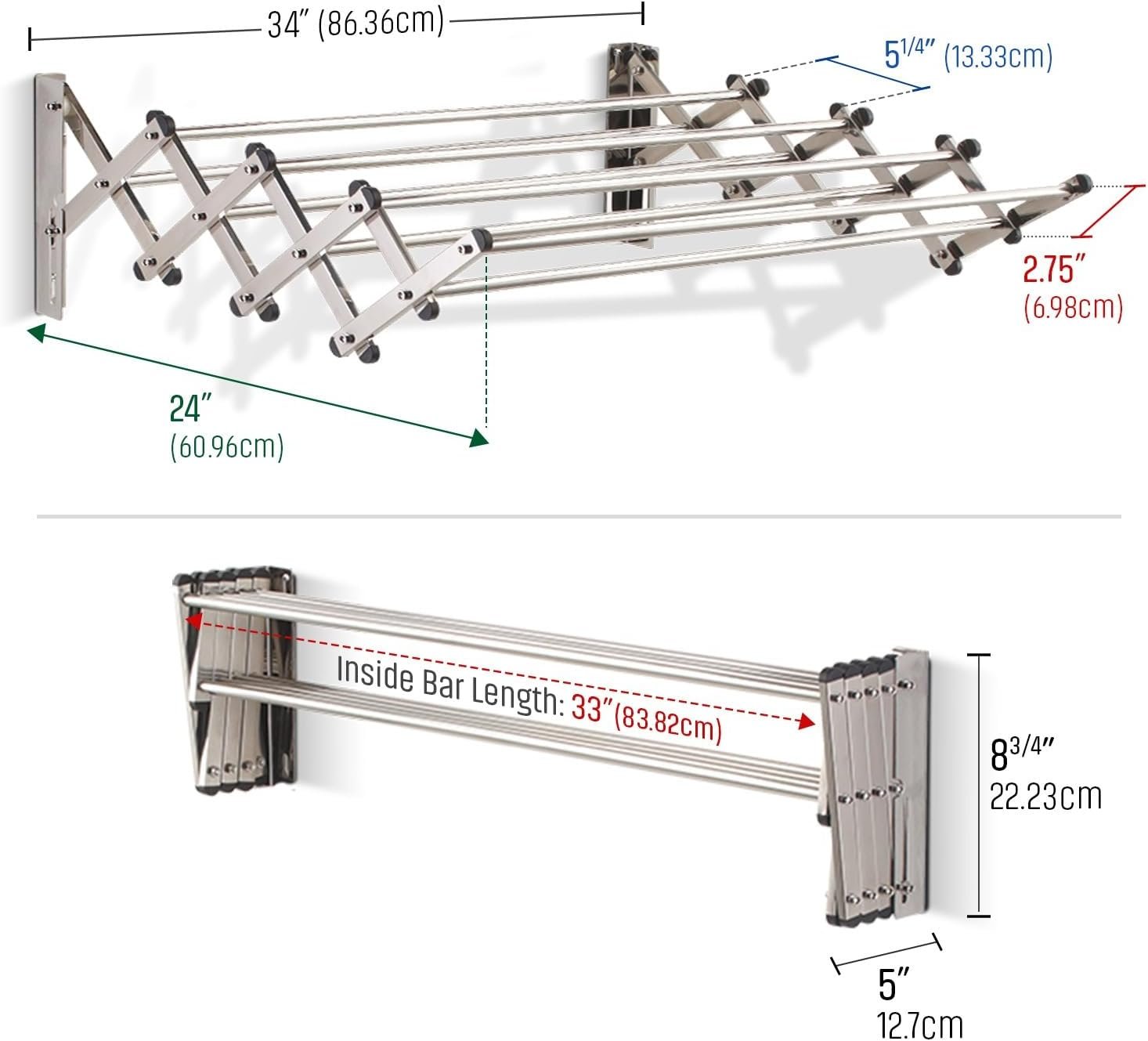 Smartsome | Wall Mounted | Clothes Drying Rack | 34" Wide | 22.5 Linear Feet Capacity | 8 Smooth Round Stainless Steel Rods | 60 lb Capacity | Fully Assembled | Compact Sturdy Space-Saving Design - Image 4