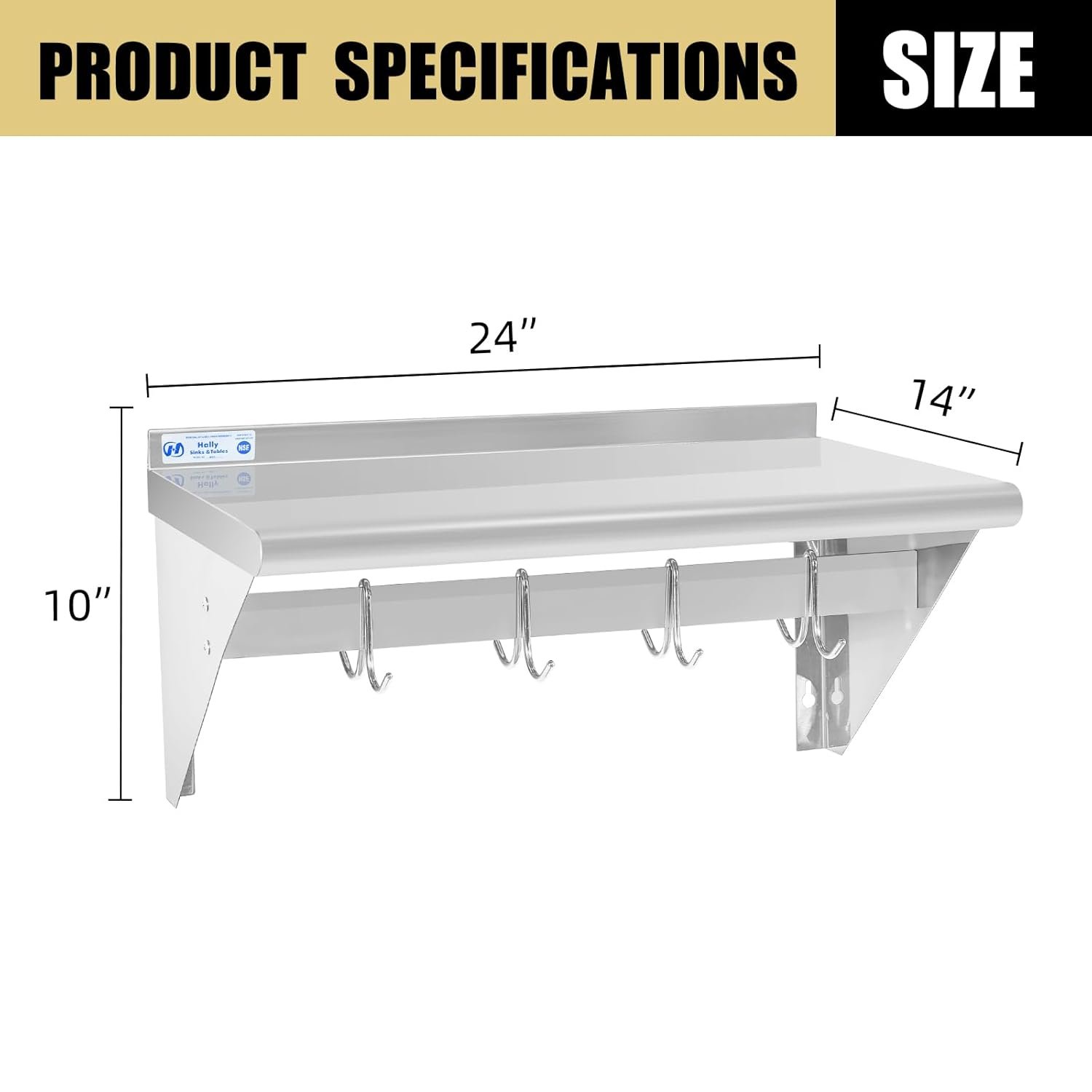 HALLY Stainless Steel Shelf with 4 Hooks 14" x 24" Wall Mounted Pot Rack 250lb, NSF Commercial Floating Shelving for Storage Hanging Pots, Pans, cookware in Restaurant, Kitchen, Home and Hotel - Image 4