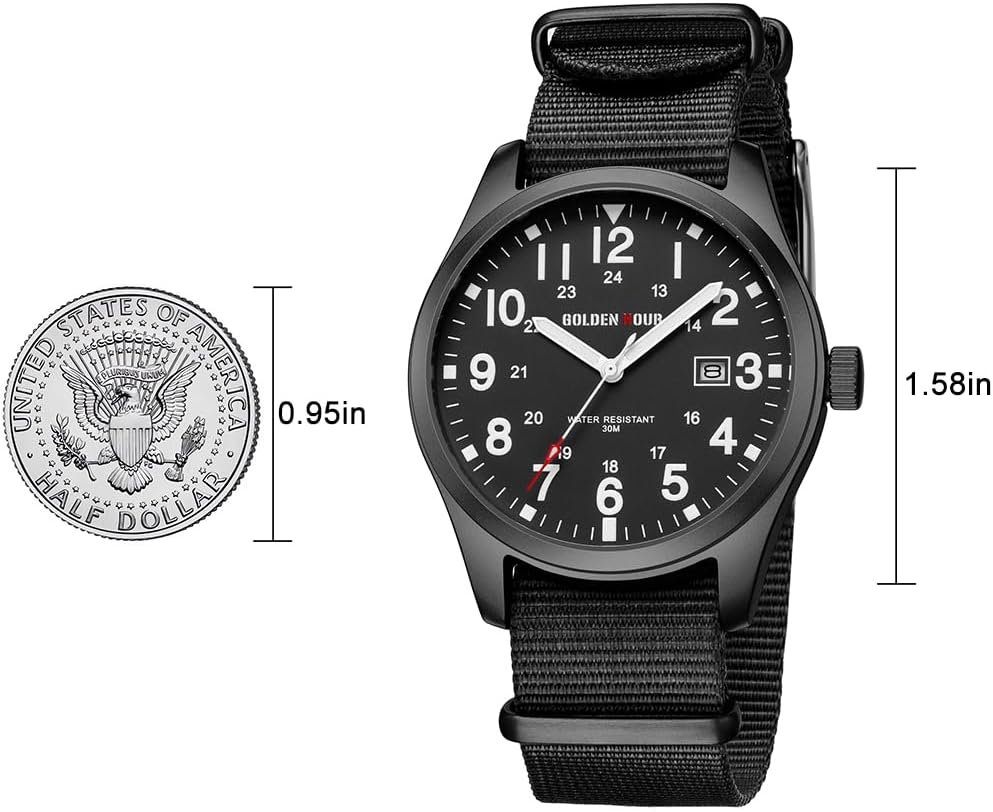 GOLDEN HOUR Men's Nylon Slip-Thru Strap Watch with Military Time Easy Read Dial Glowing Hands - Image 4