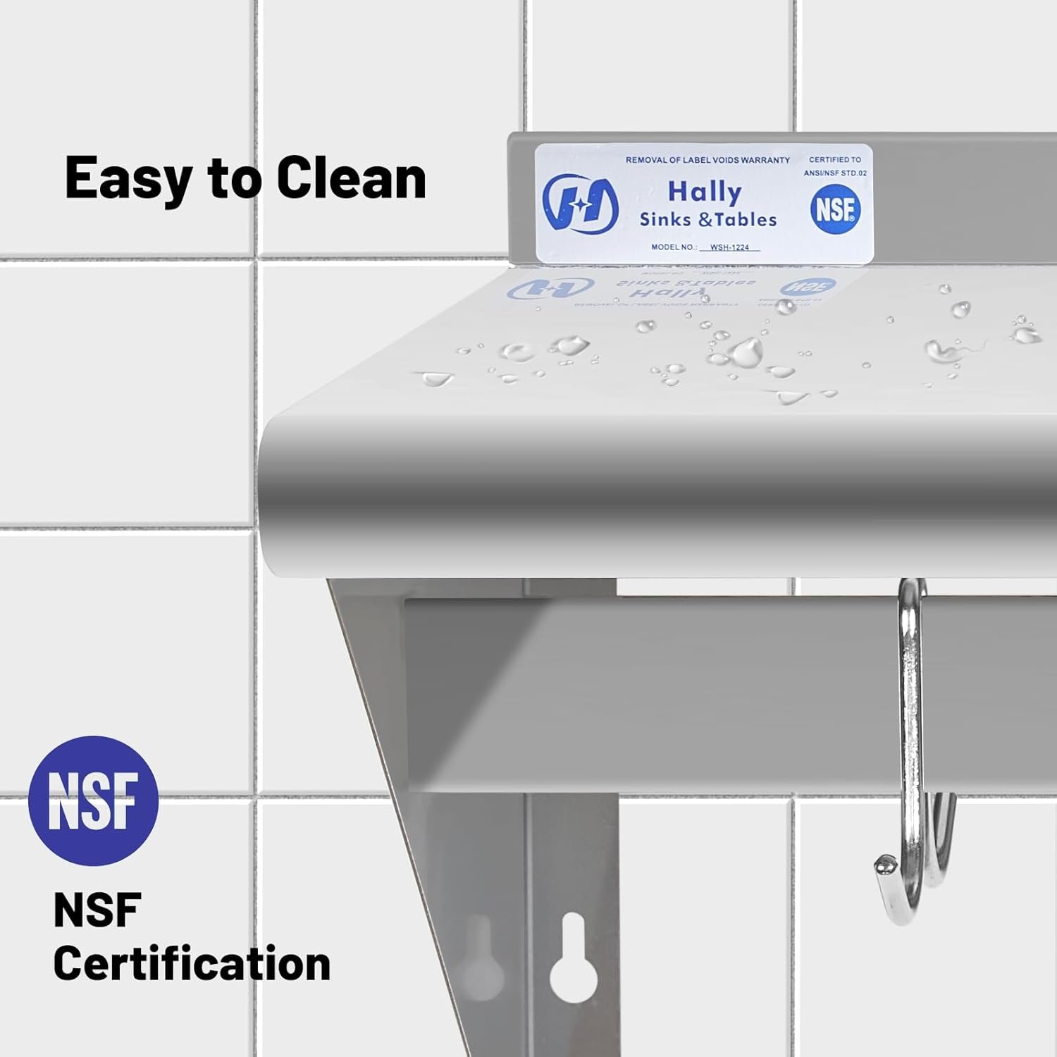 HALLY Stainless Steel Shelf with 4 Hooks 14" x 24" Wall Mounted Pot Rack 250lb, NSF Commercial Floating Shelving for Storage Hanging Pots, Pans, cookware in Restaurant, Kitchen, Home and Hotel - Image 6