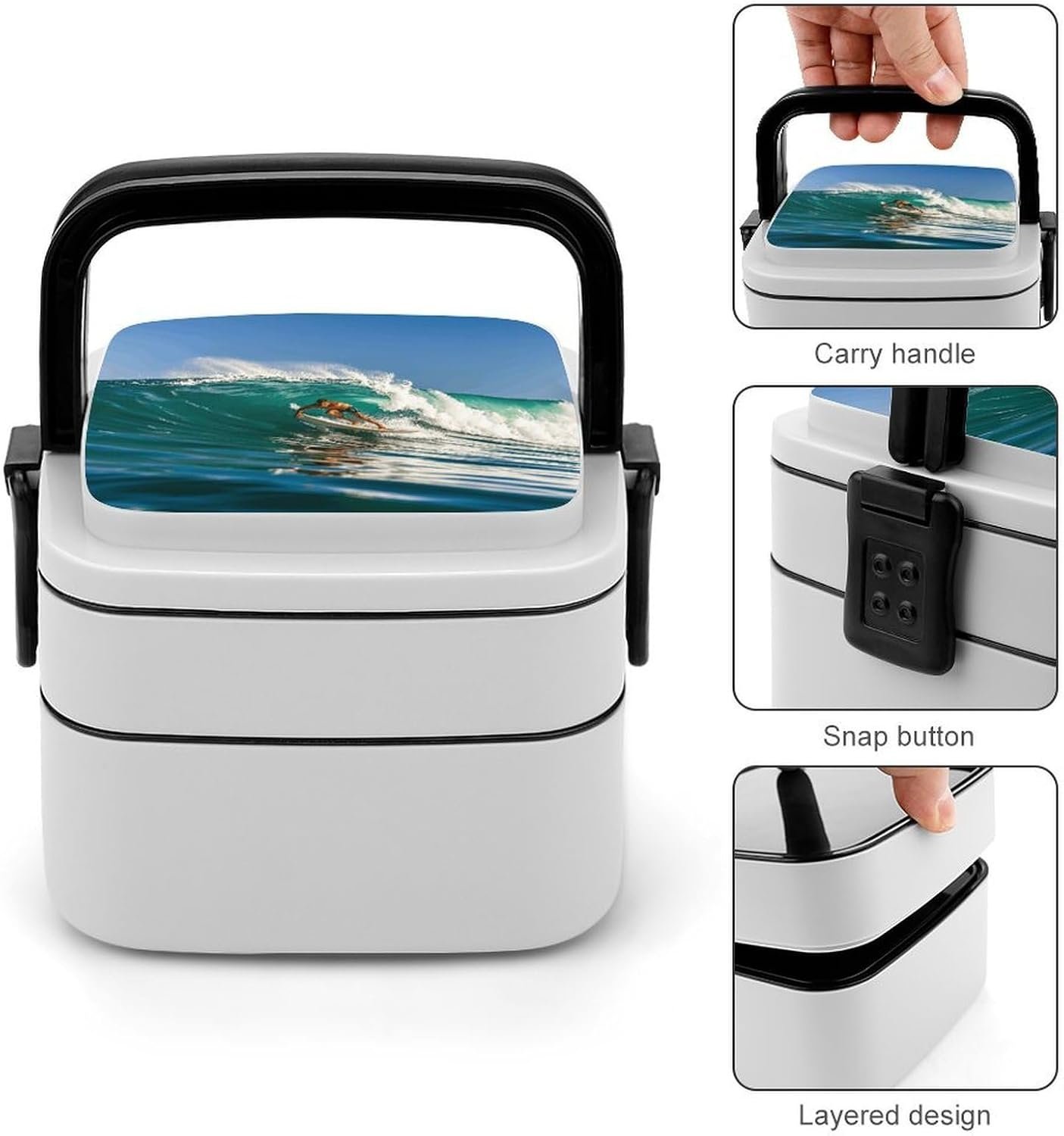 Hawaiian Surfer on Wavy Bento Box with Spoon, 2-layer Stackable Lunch Box Leak Proof with Invisible Handle, Insulated Food Storage for Office, Picnic & Travel - Image 6