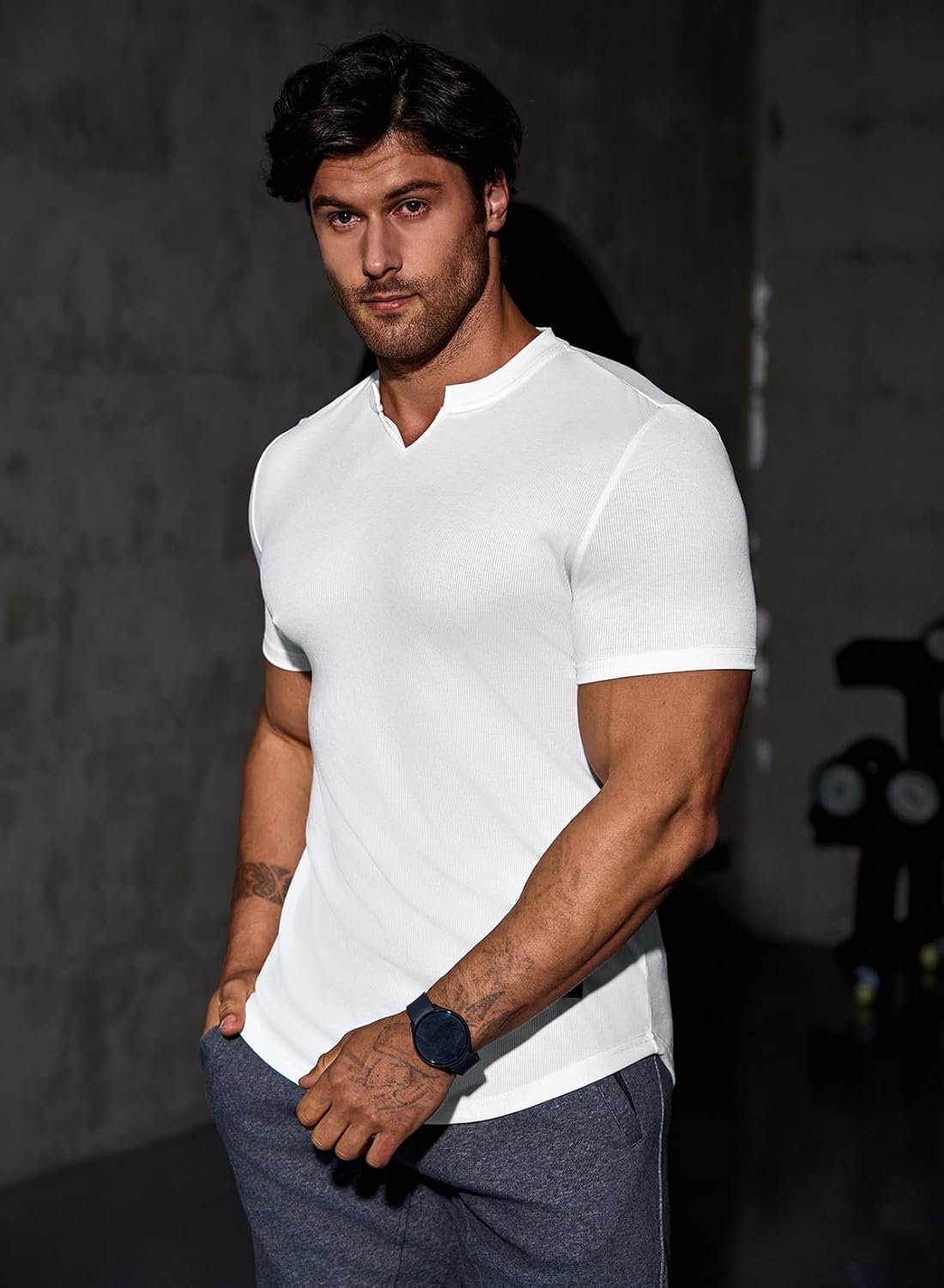 JMIERR Mens Muscle Slim T Shirt V-Neck Longline Henley Shirt Gym Workout Athletic Tee Shirts - Image 4