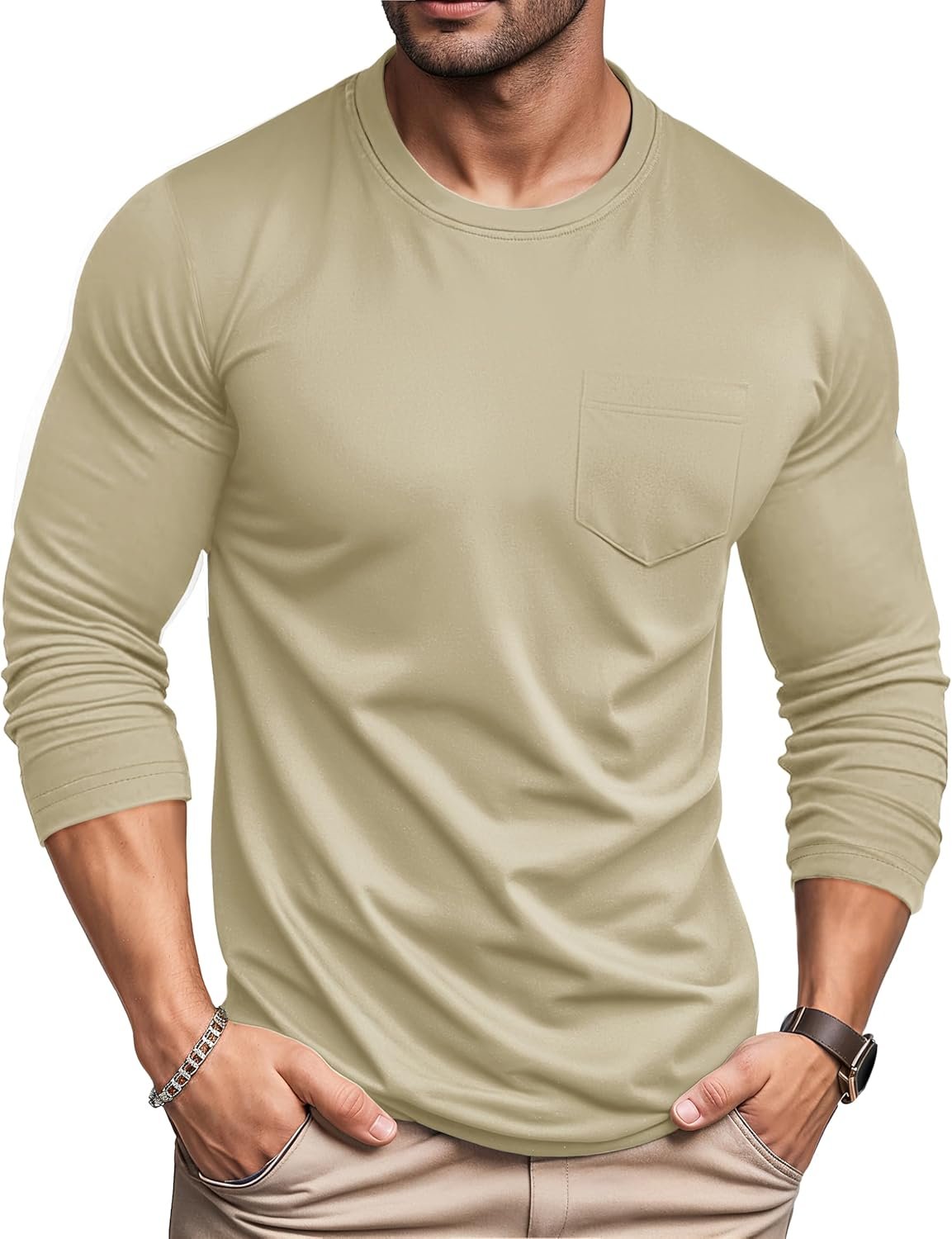 MAGCOMSEN Men's Long Sleeve Shirt with Pocket Cotton Crew Neck Shirts Casual Lightweight T-Shirt - Image 2